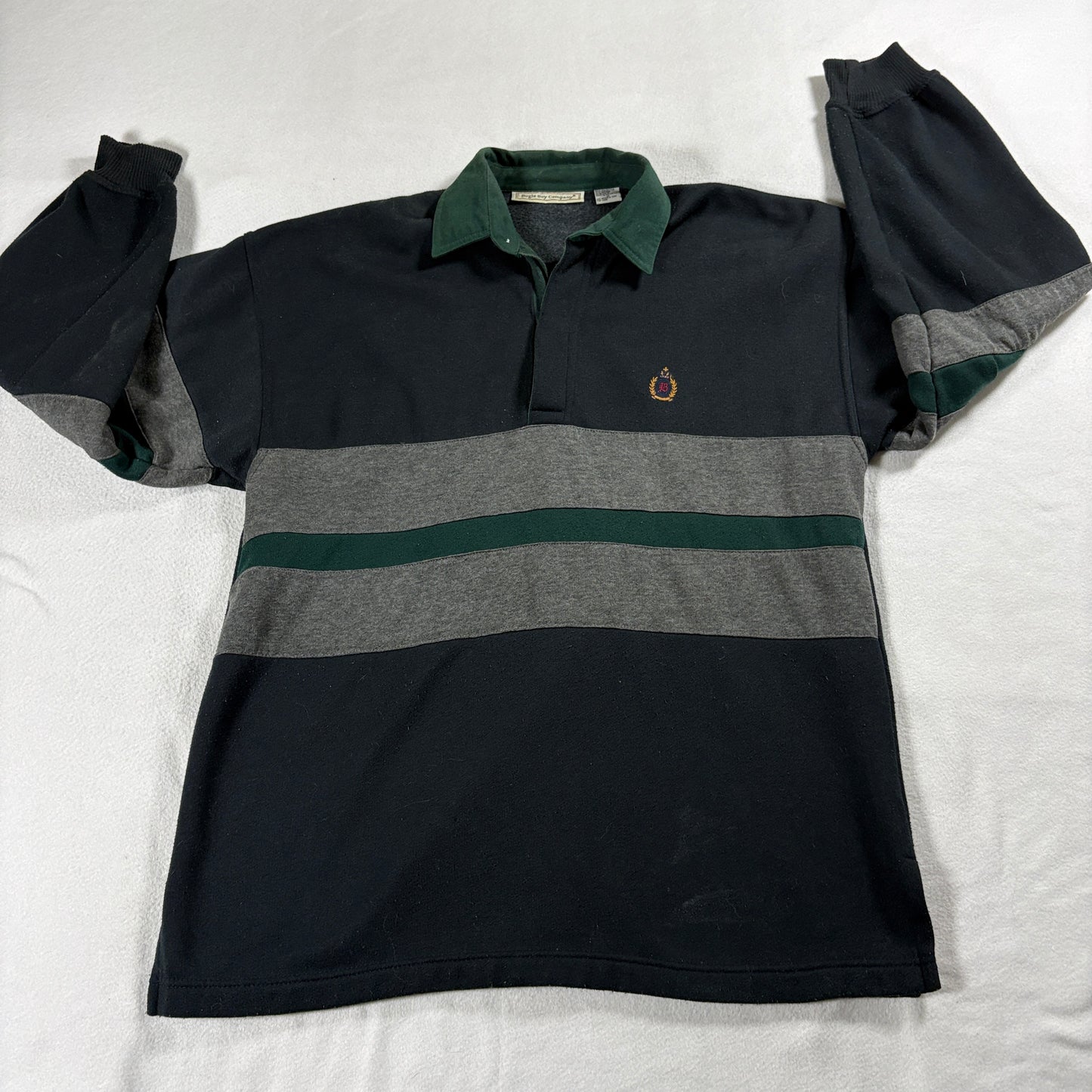 Rugby Polo Shirt Striped Long Sleeve Vintage Green Gray Casual Preppy Mens