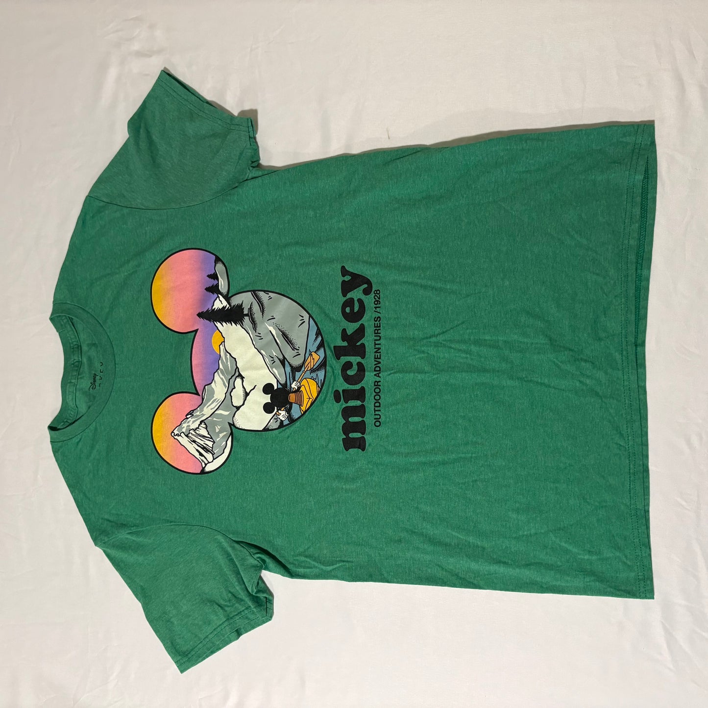 Mickey Mouse Outdoor Adventures 1928 Shirt Green Disney Tee Size Medium