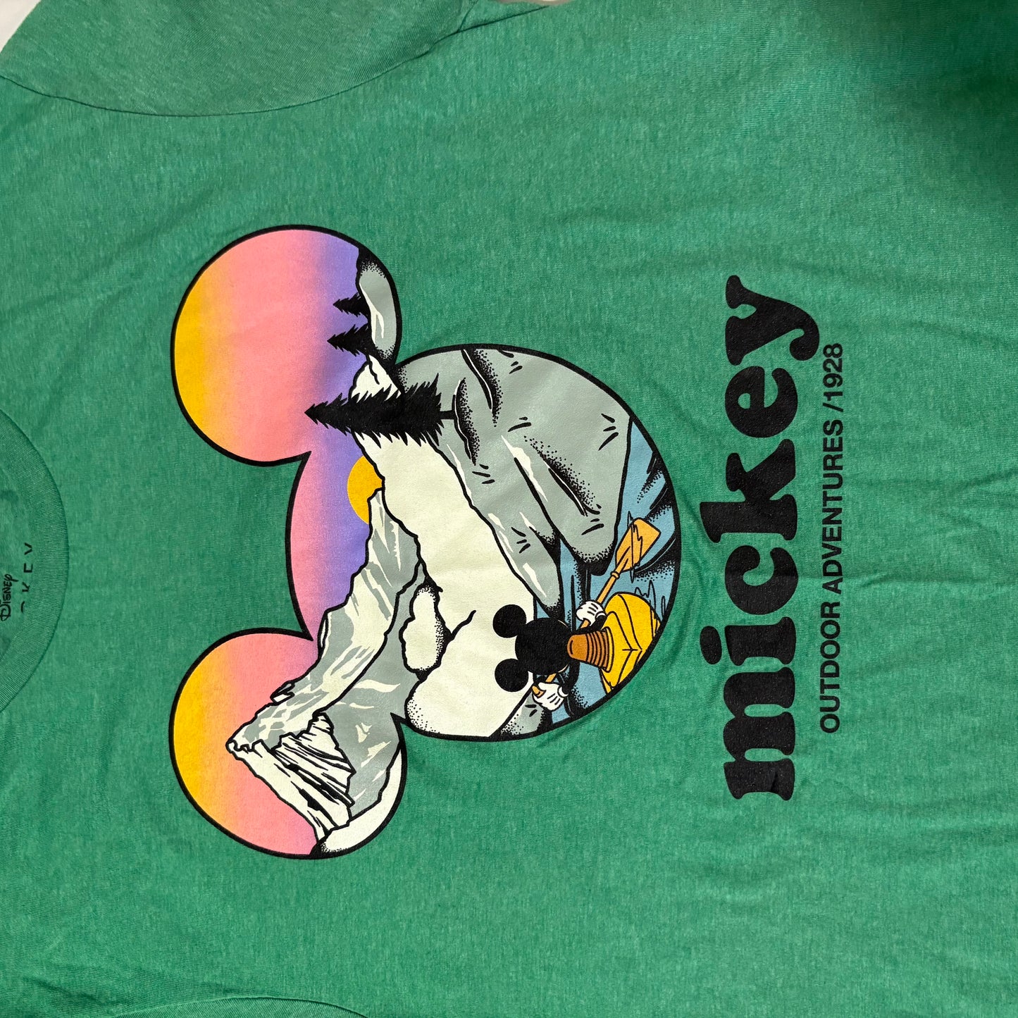 Mickey Mouse Outdoor Adventures 1928 Shirt Green Disney Tee Size Medium