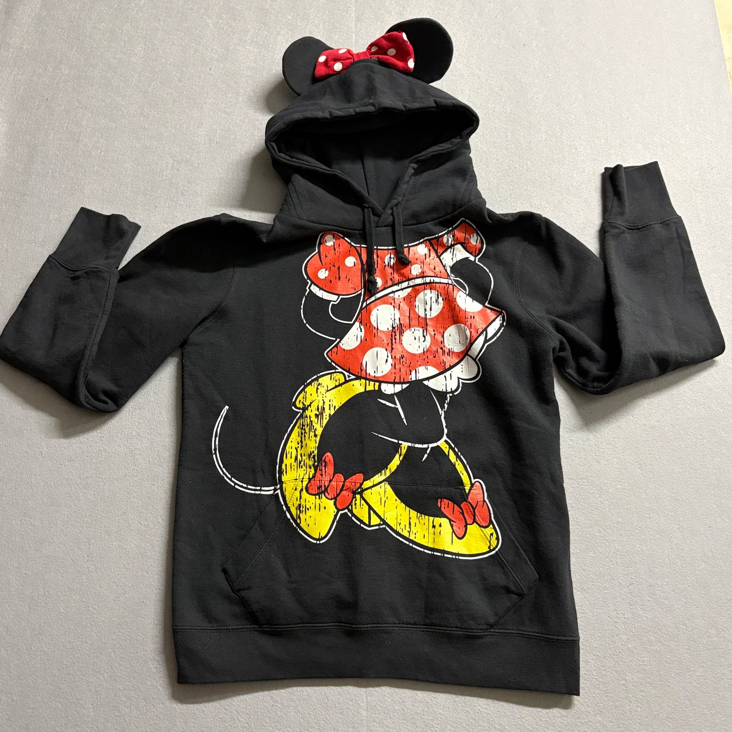 Disney Parks Minnie Mouse Hoodie Womens L XL Black Graphic Ears Pullover
