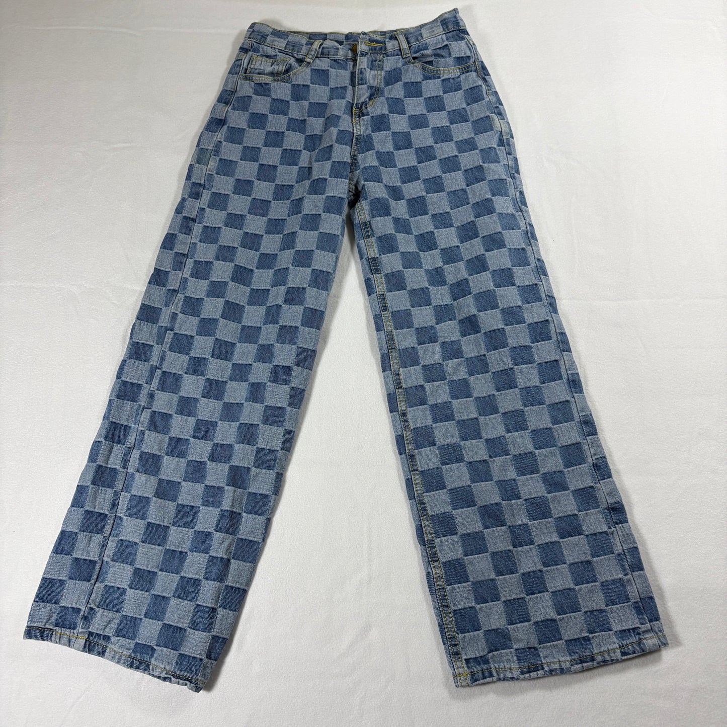 Vintage Checkered Wide Leg Jeans Womens Medium Blue Retro Streetwear Y2K Grunge