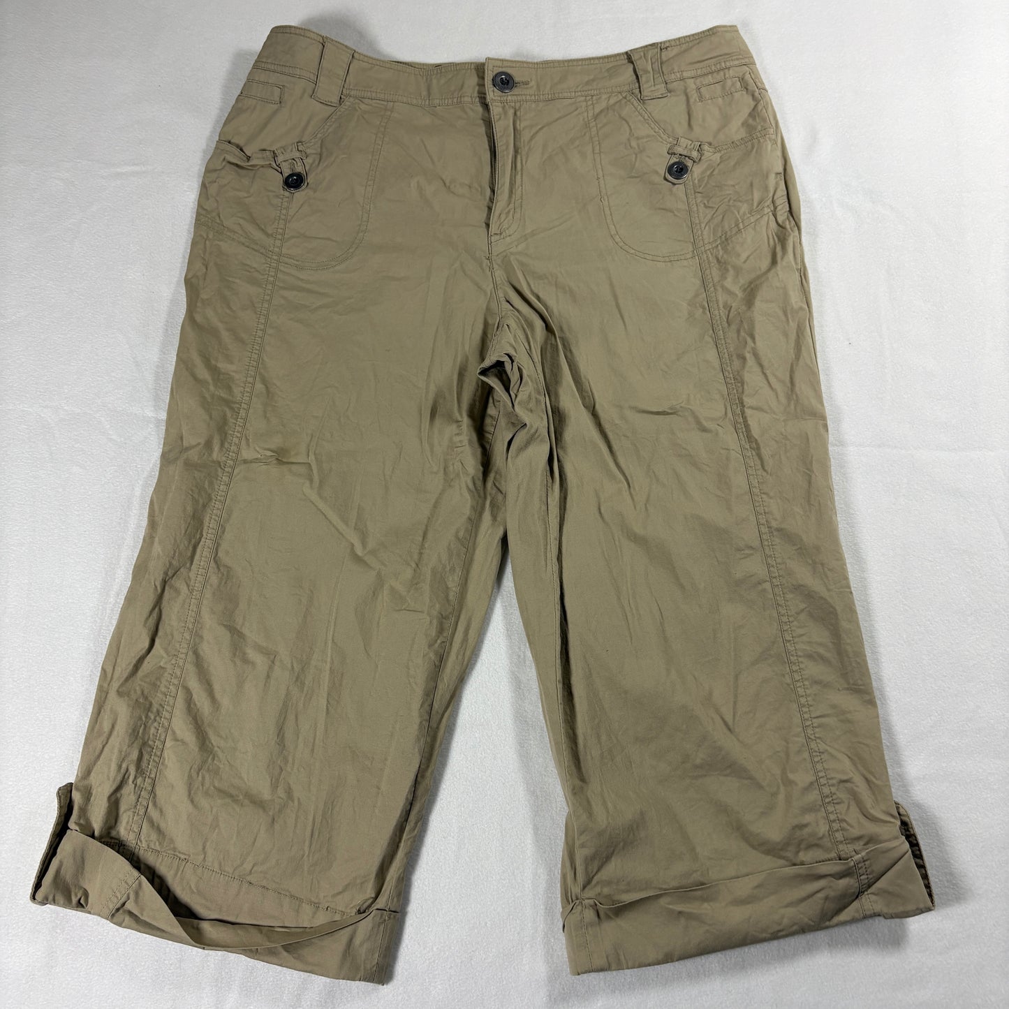 Khaki Cropped Pants Womens 14 Stretch Casual Capri Cargo Style Roll Cuff Neutral