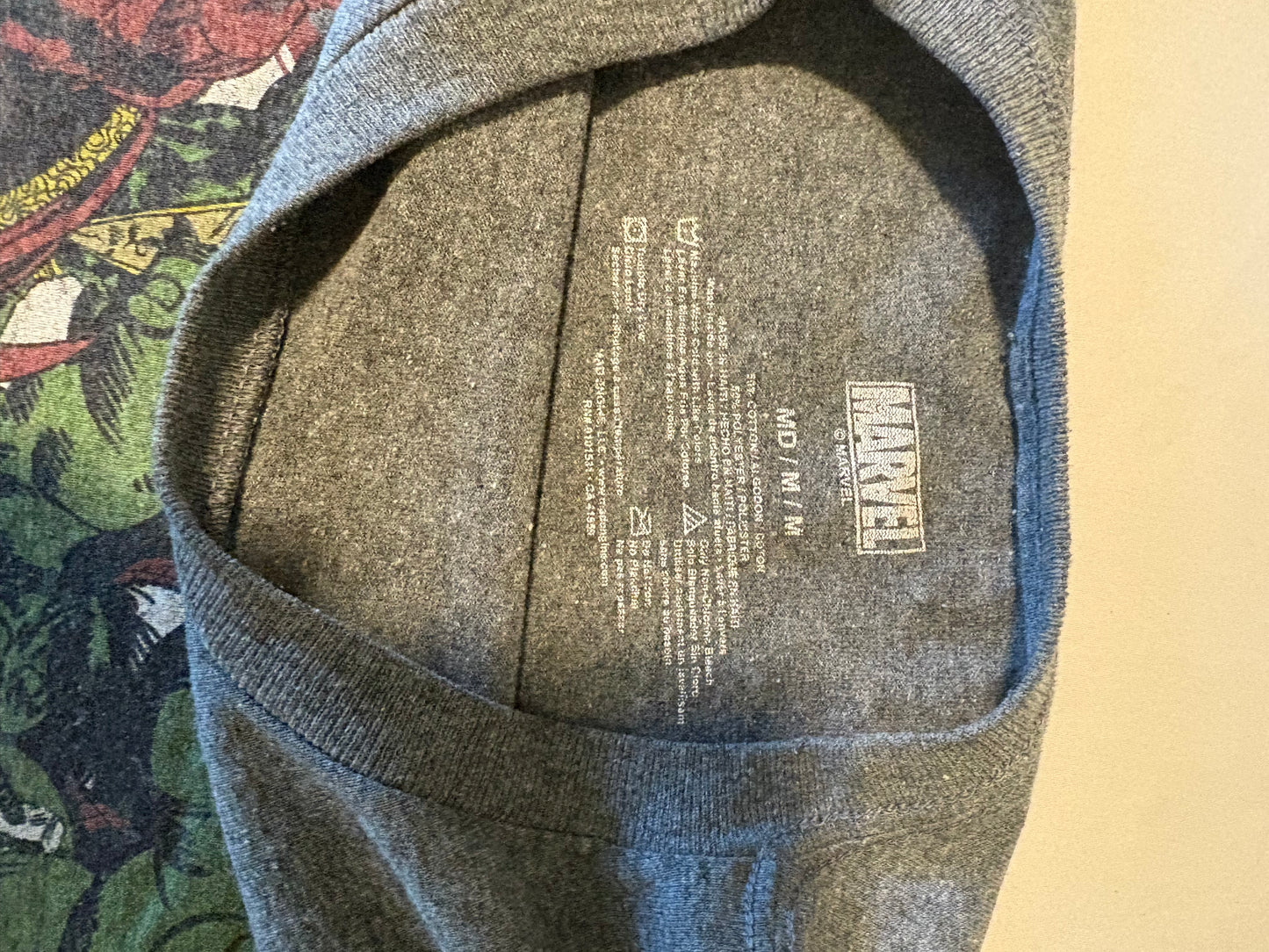 Marvel Superheroes Shirt Men’s M Gray Graphic Tee Avengers Hulk Thor Spider-Man