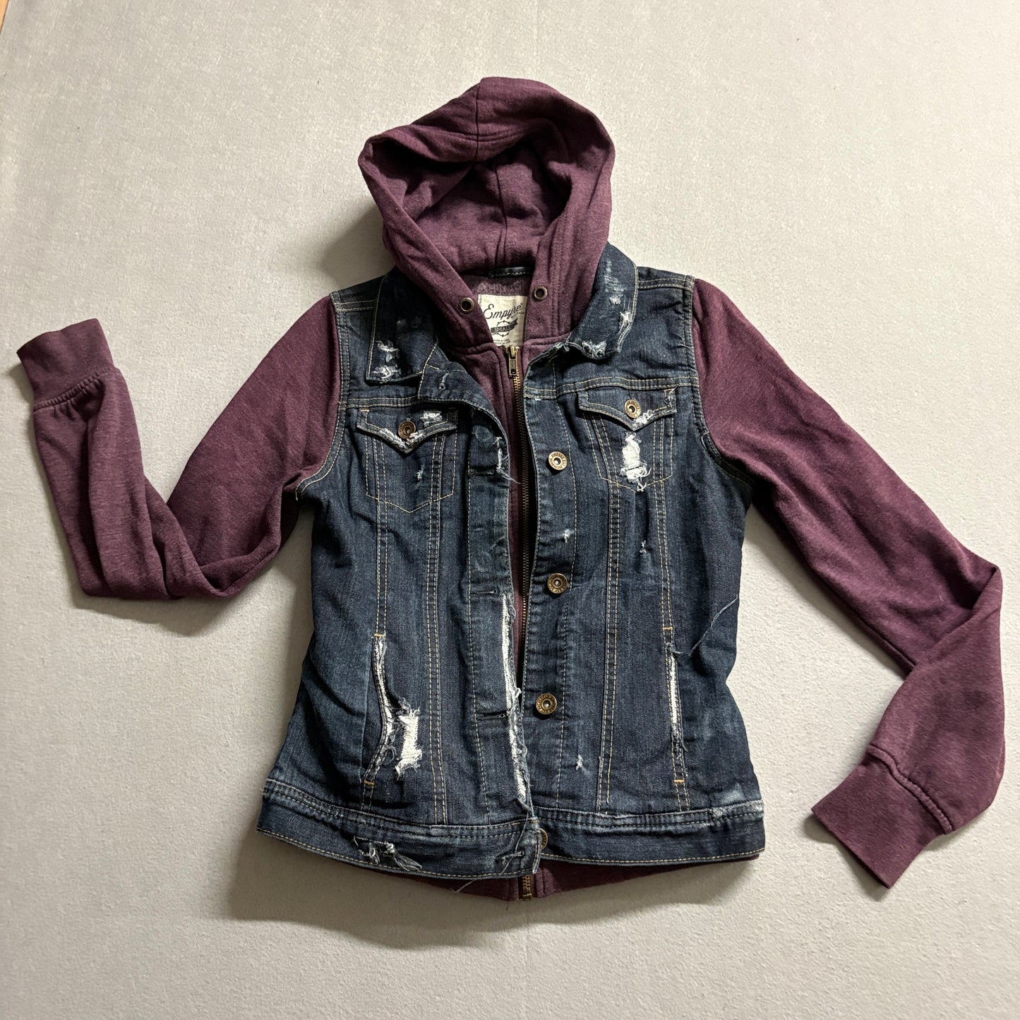 Empyre Hooded Denim Jacket Small Distressed Grunge Layered Skate Y2K Blue