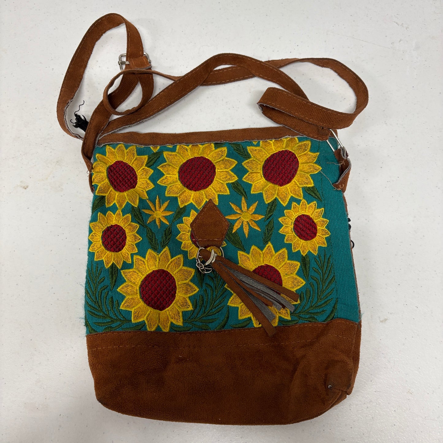 Sunflower Embroidered Crossbody Bag Boho Floral Faux Suede Hippie Purse