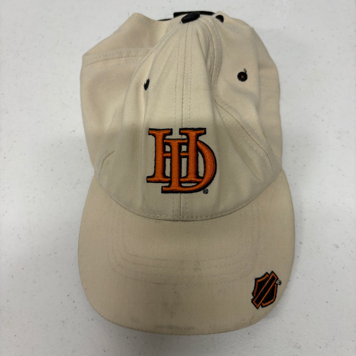 Vintage Harley Davidson HD Logo Strapback Hat Cream Black Made In Macau Cap