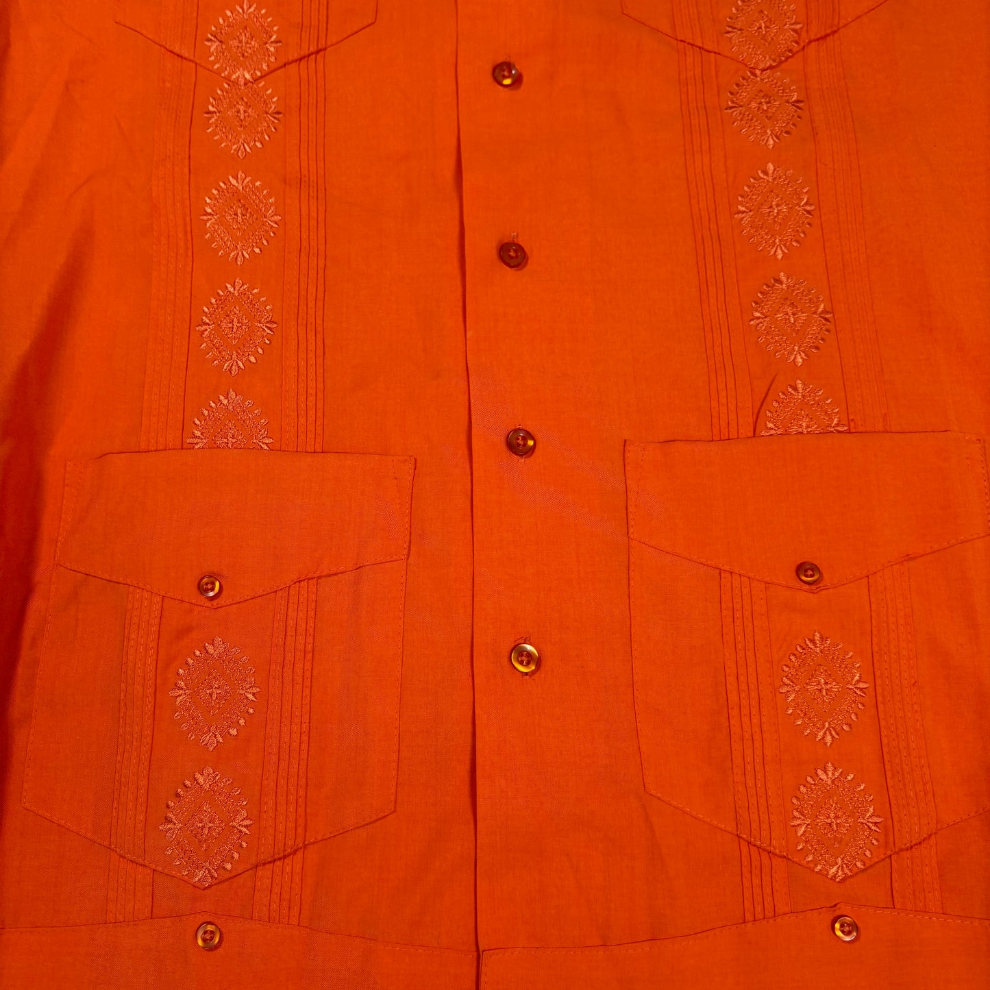 Successo Uomo Mens Guayabera Shirt L Orange Cuban Fiesta Short Sleeve Embroidered
