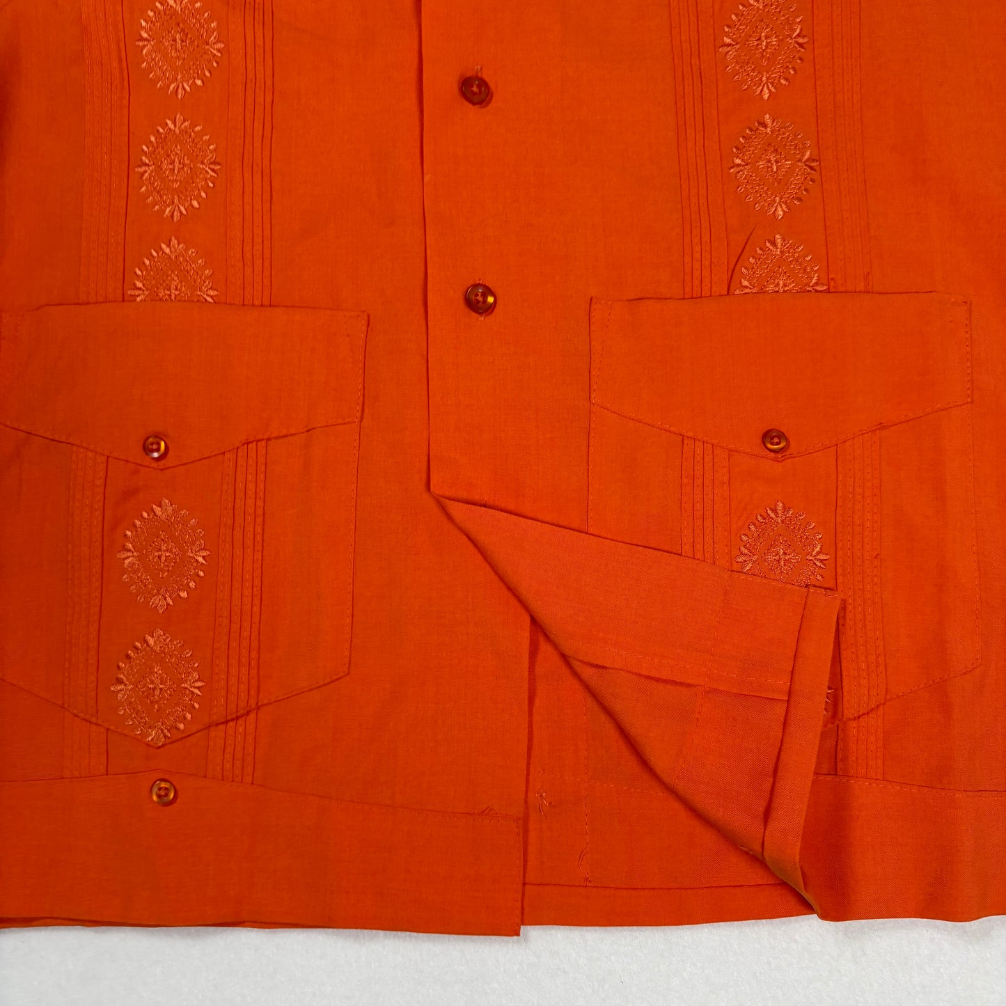 Successo Uomo Mens Guayabera Shirt L Orange Cuban Fiesta Short Sleeve Embroidered