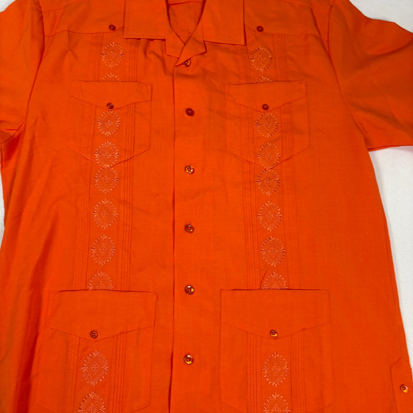 Successo Uomo Mens Guayabera Shirt L Orange Cuban Fiesta Short Sleeve Embroidered