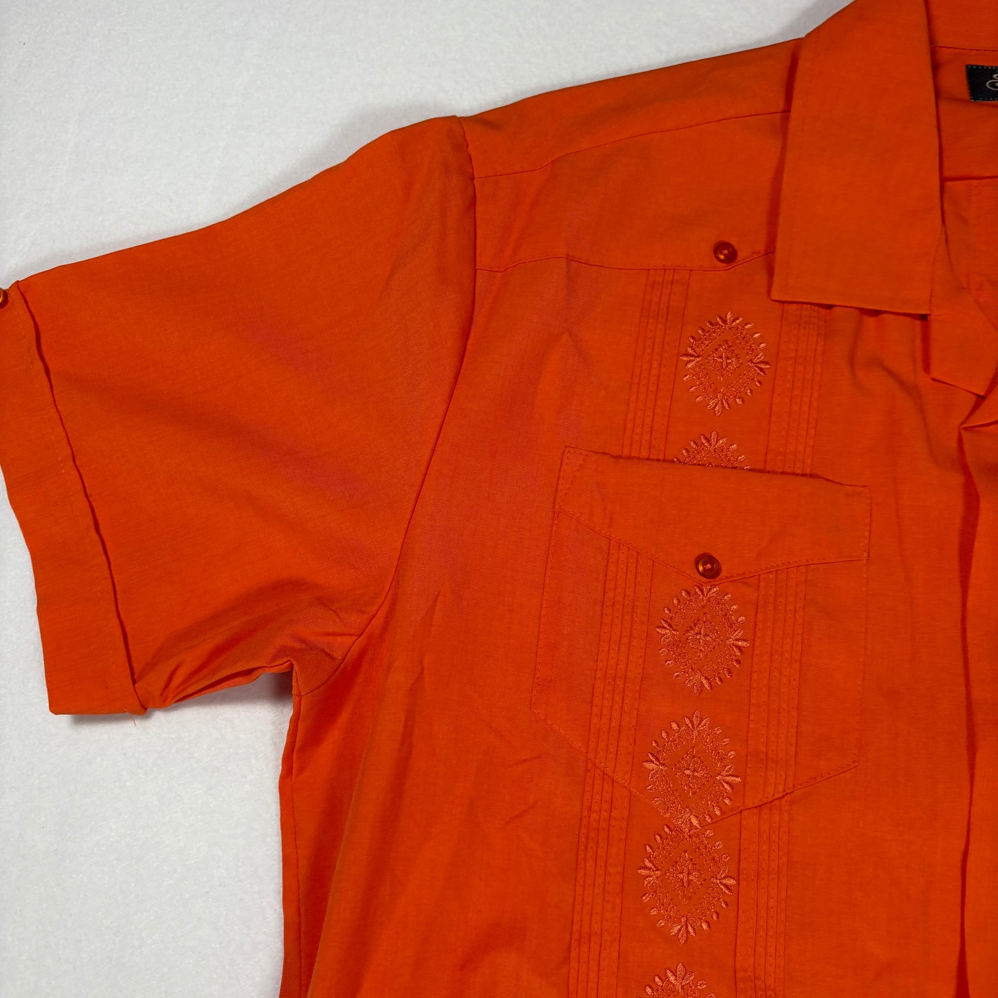 Successo Uomo Mens Guayabera Shirt L Orange Cuban Fiesta Short Sleeve Embroidered