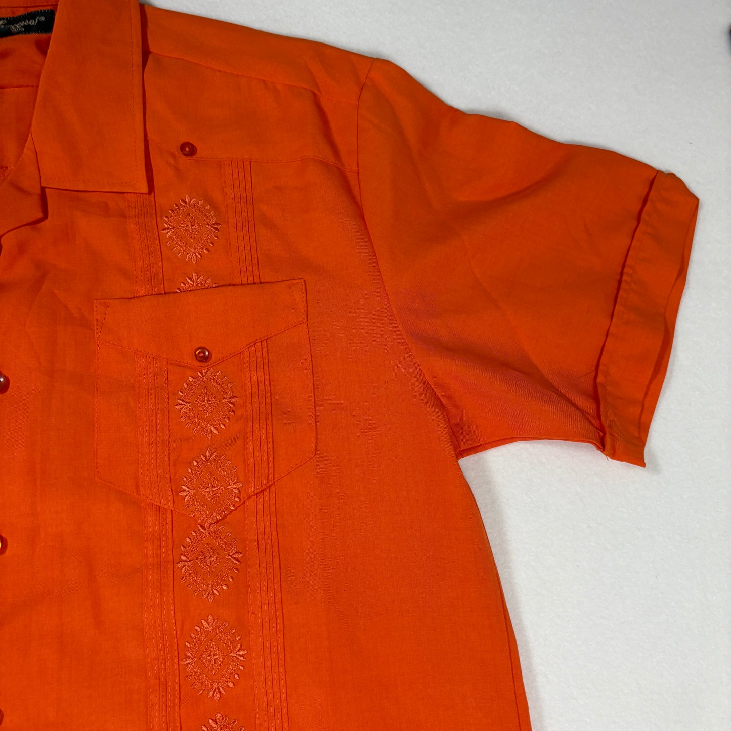 Successo Uomo Mens Guayabera Shirt L Orange Cuban Fiesta Short Sleeve Embroidered