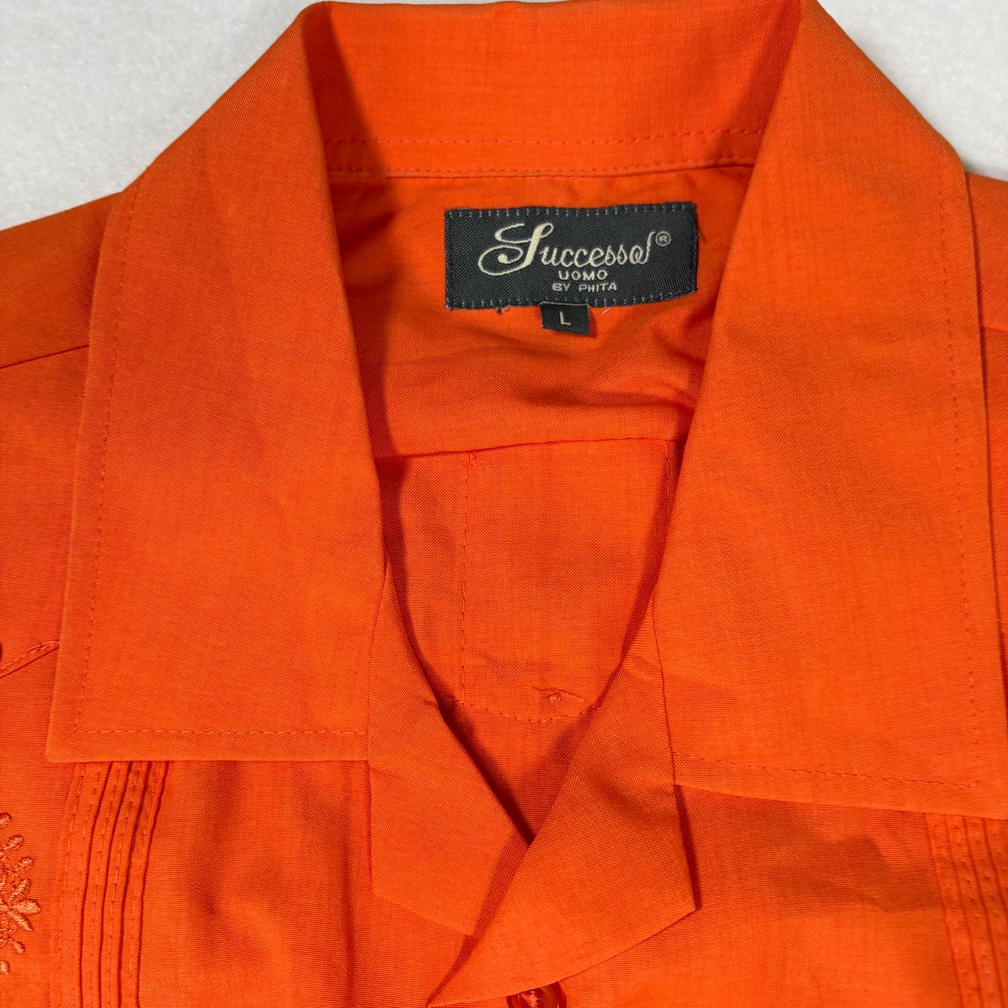 Successo Uomo Mens Guayabera Shirt L Orange Cuban Fiesta Short Sleeve Embroidered