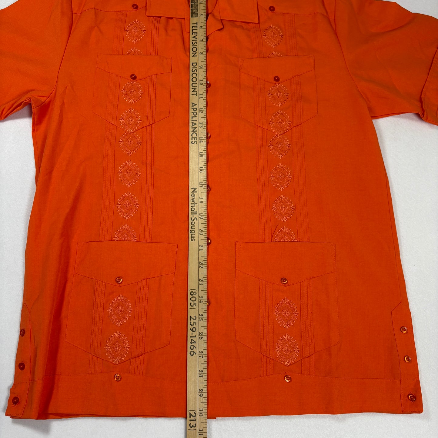 Successo Uomo Mens Guayabera Shirt L Orange Cuban Fiesta Short Sleeve Embroidered