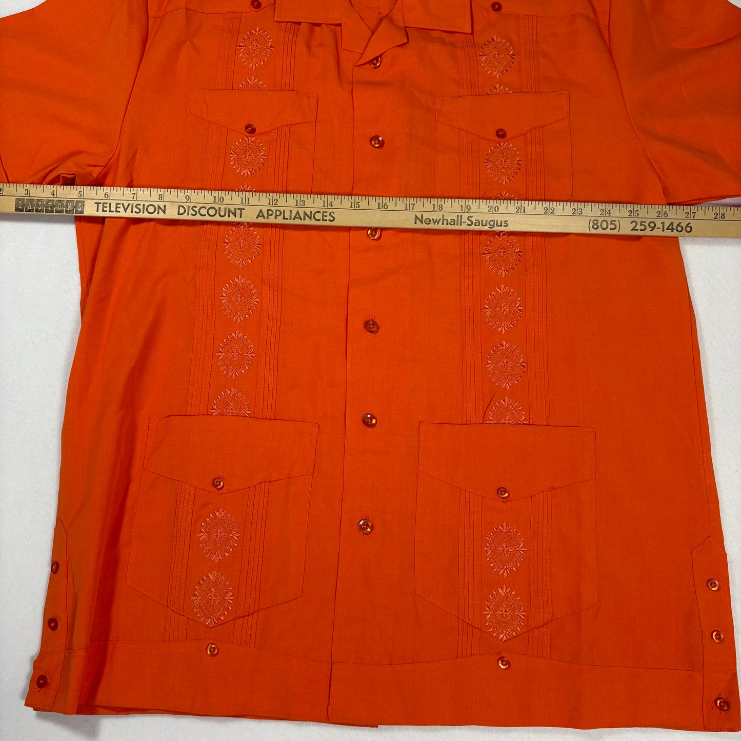 Successo Uomo Mens Guayabera Shirt L Orange Cuban Fiesta Short Sleeve Embroidered