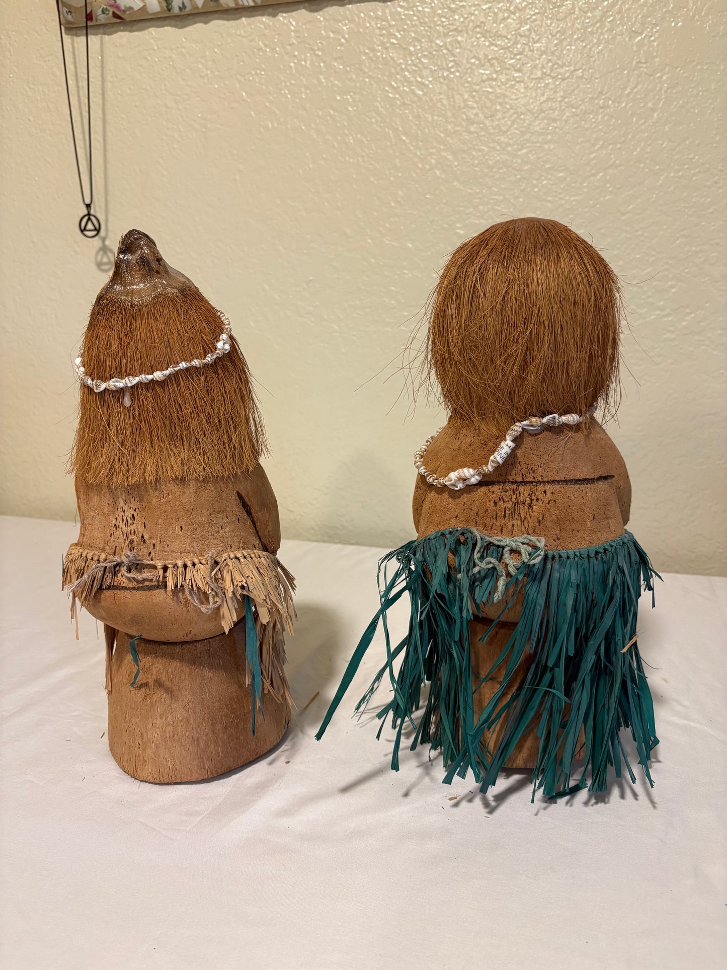 Vintage Hawaiian Coconut Doll Pair Handmade Hula Hukilau Tiki Souvenir