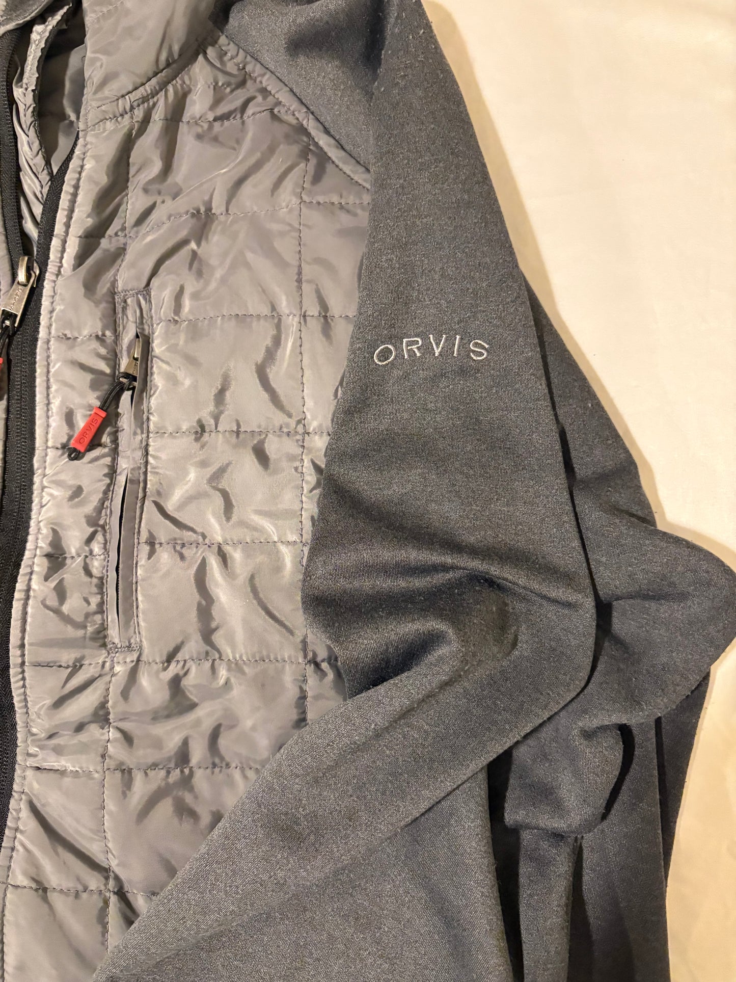 Orvis XL Full Zip Jacket Gray Quilted Softshell Hybrid Outdoor Mens Coat