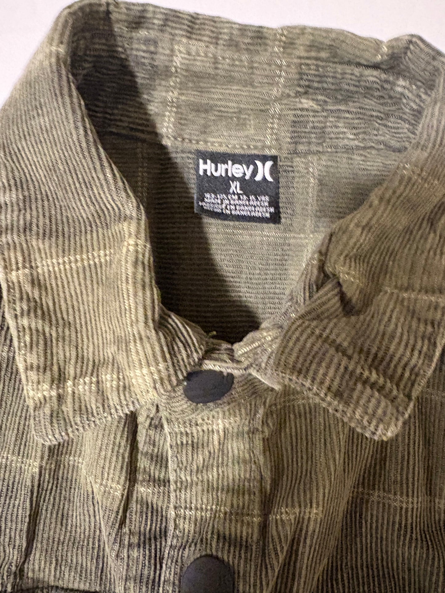 Hurley XL Corduroy Shirt Jacket Olive Green Plaid Shacket Button-Up Mens