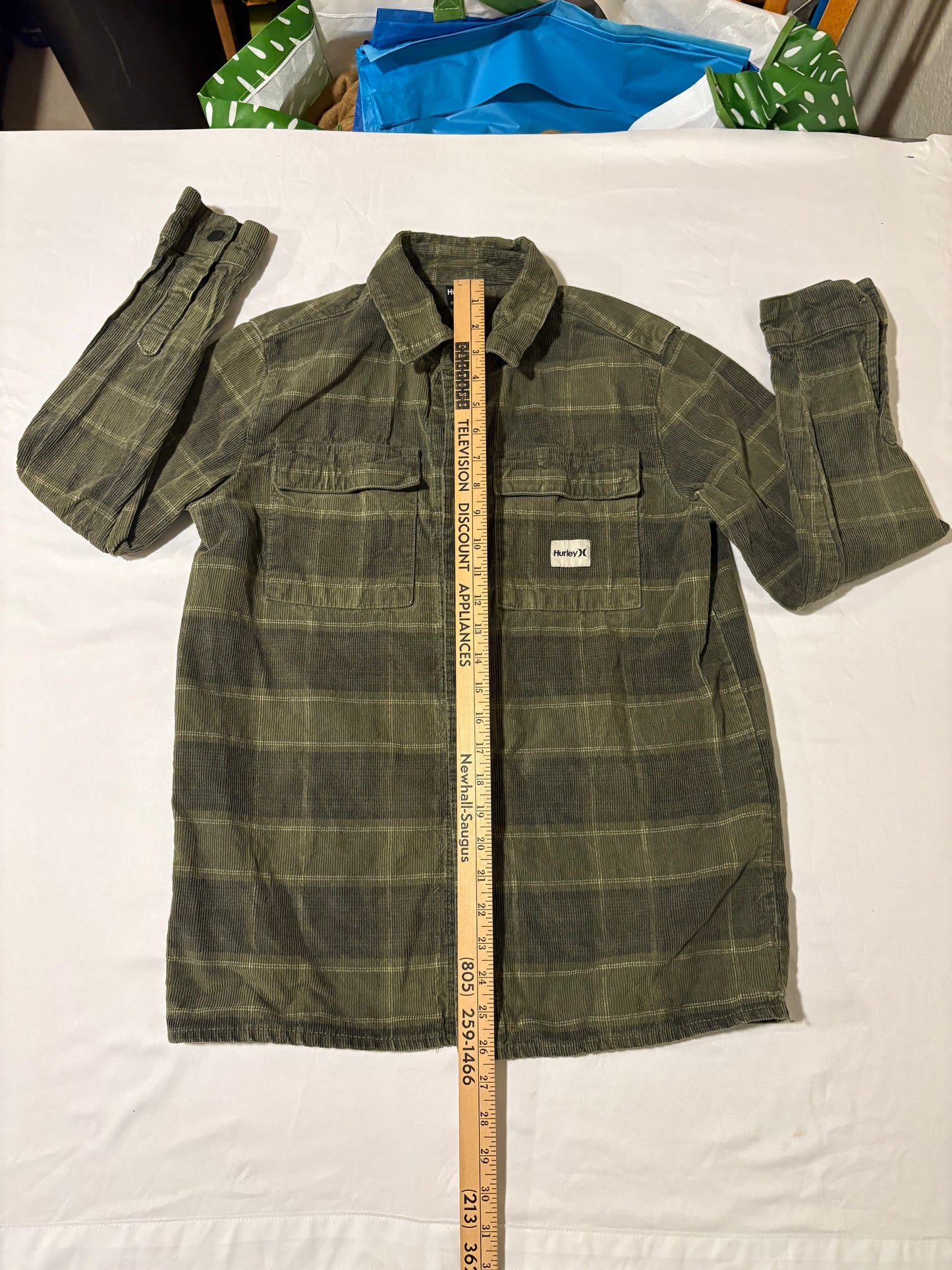 Hurley XL Corduroy Shirt Jacket Olive Green Plaid Shacket Button-Up Mens
