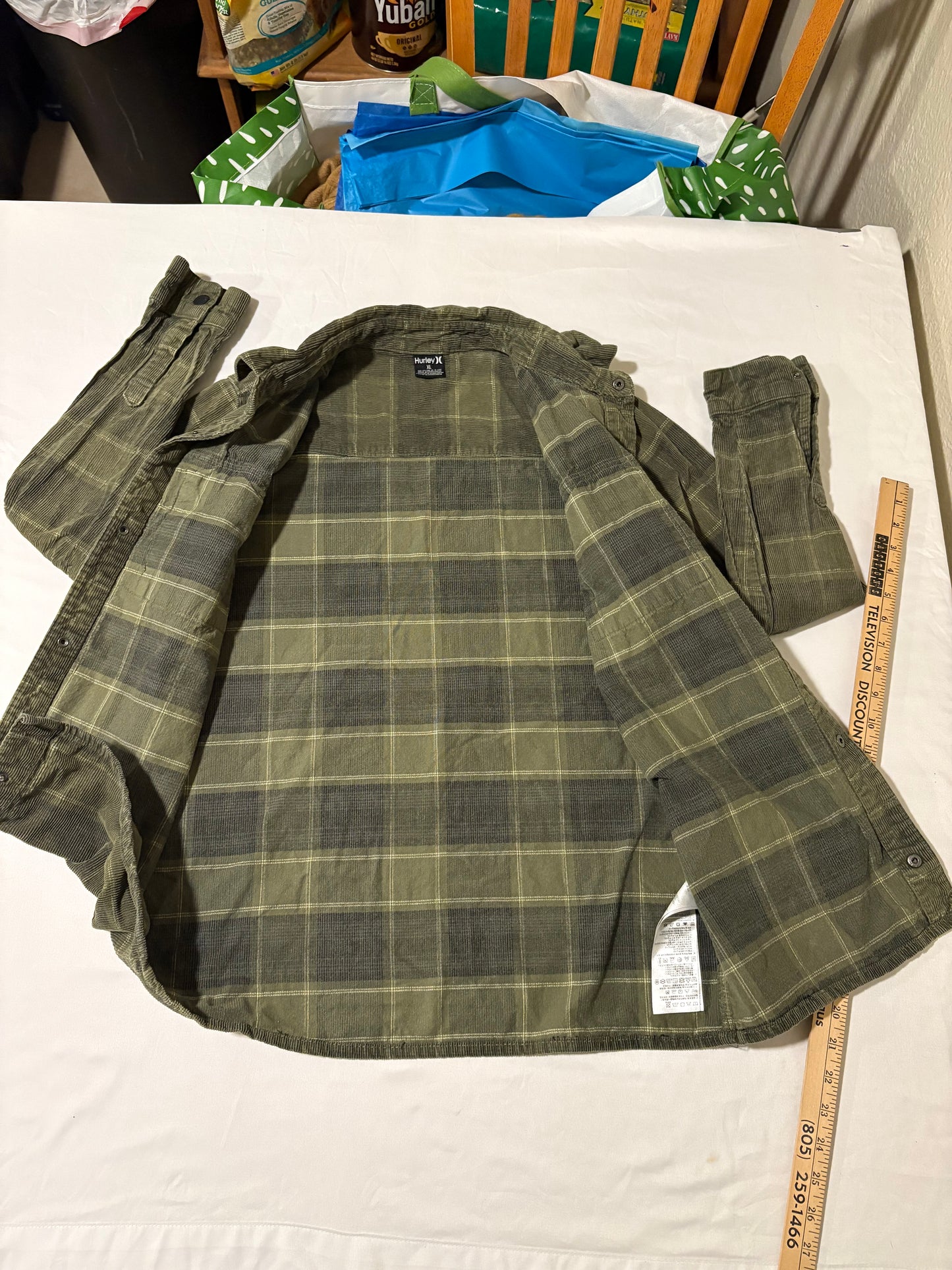 Hurley XL Corduroy Shirt Jacket Olive Green Plaid Shacket Button-Up Mens