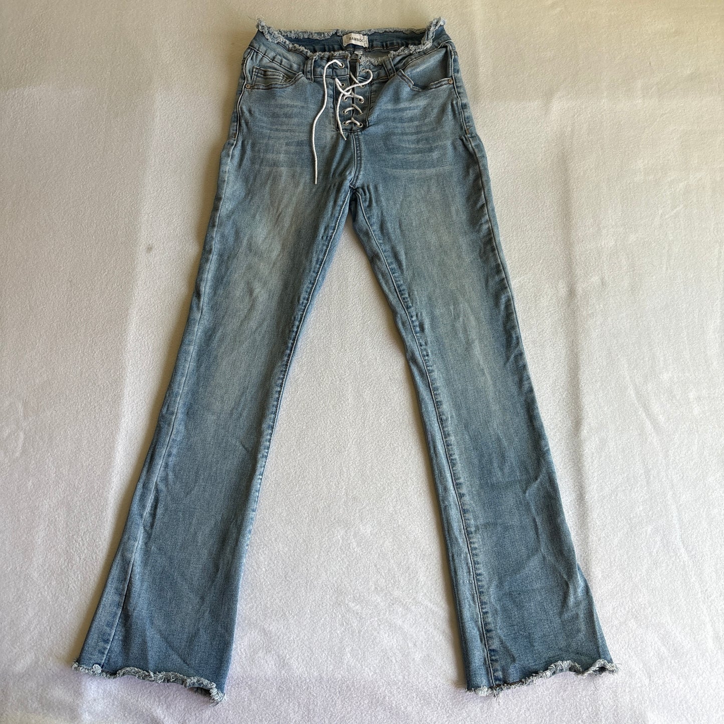 Bamboo Womens Size 9 Lace Up Flare Jeans Frayed Hem Y2K Vintage Denim Streetwear