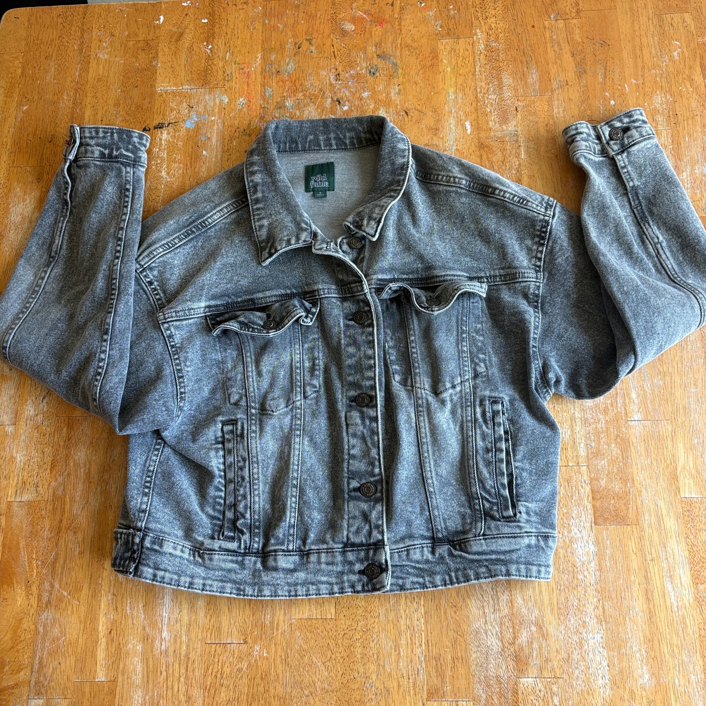 Vintage Style Denim Jacket Cropped Trucker Gray Wash Womens M Fits