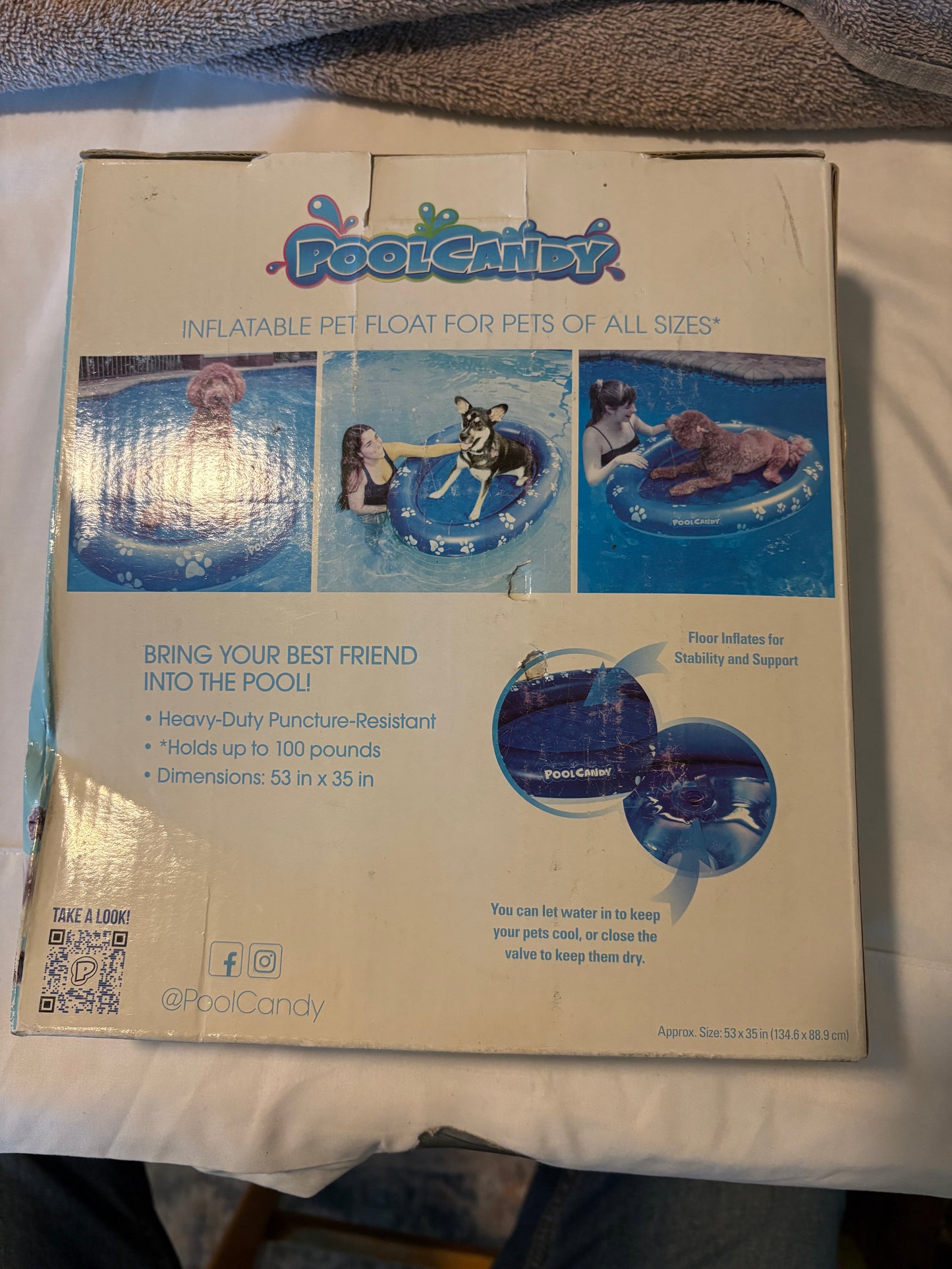 PoolCandy Inflatable Pet Float for Dogs – New in Box, 53"x35", 100lb Limit