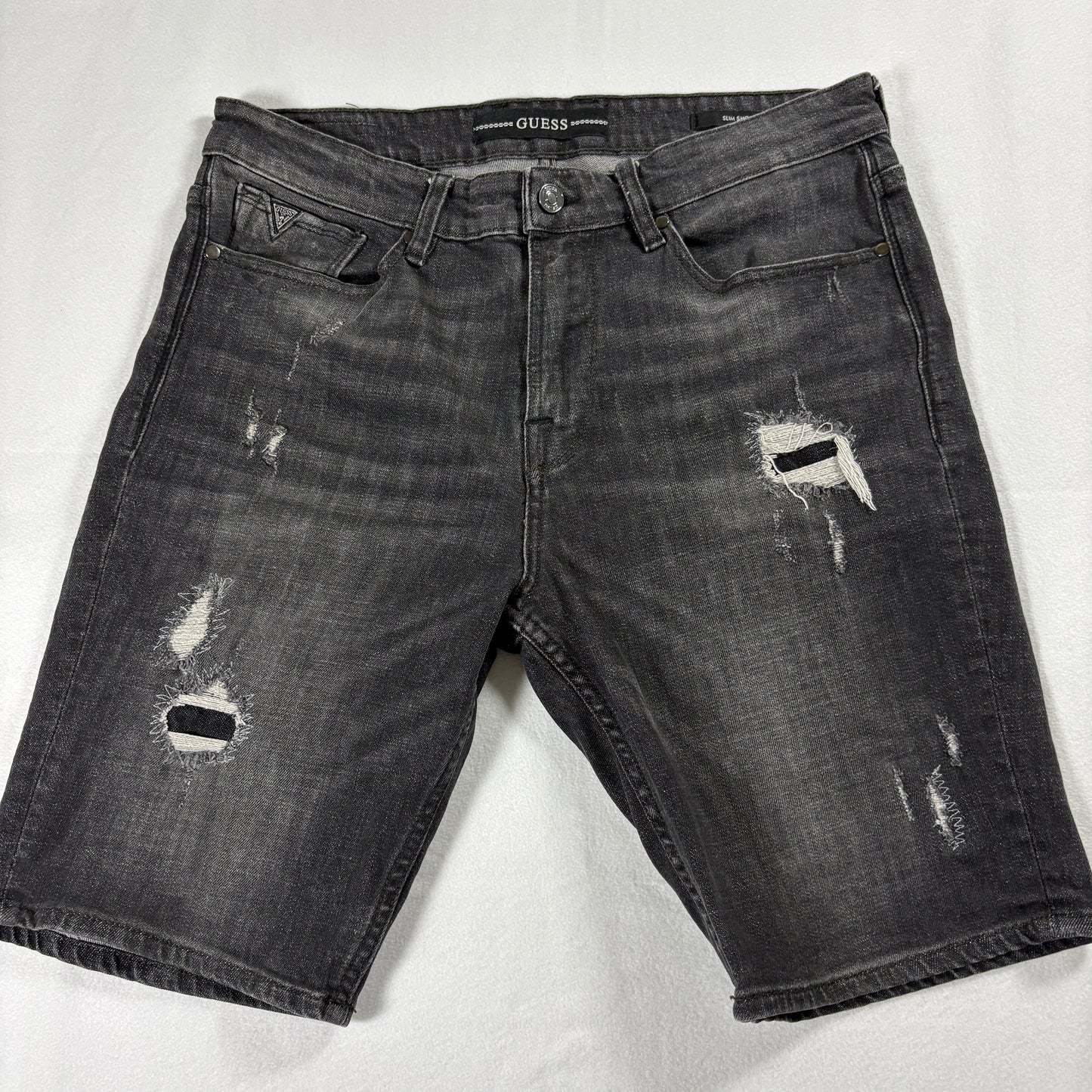 Guess Denim Shorts Mens 33 Black Slim Distressed Ripped Jean Short Y2K Street