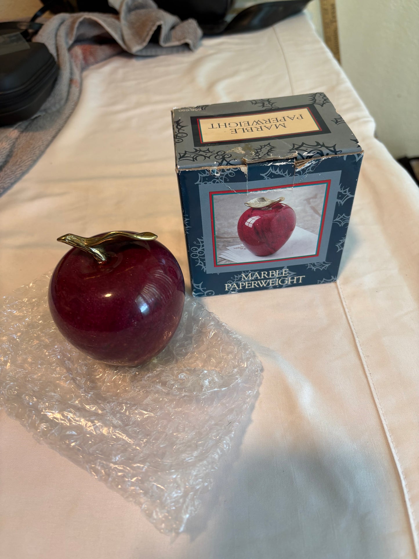 Vintage Marble Apple Paperweight Red with Gold Stem & Leaf w/ Box