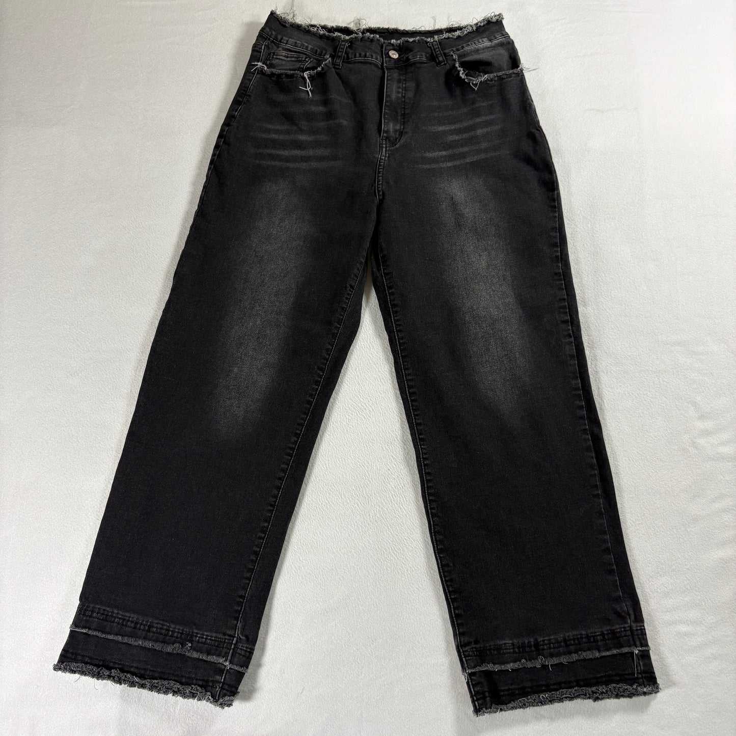 Jeans Womens XL Black Straight Leg Distressed Raw Hem Vintage Style Denim