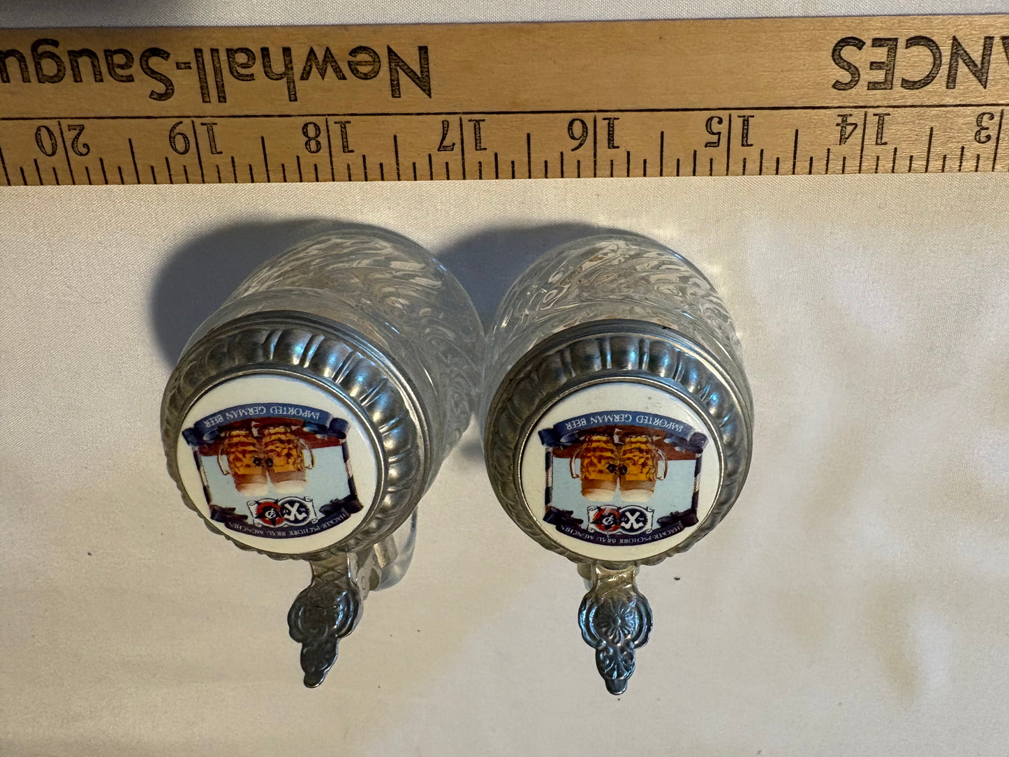 Vintage German Beer Steins Set of 2 Lidded Glass Mugs Etched w/ Pewter Tops