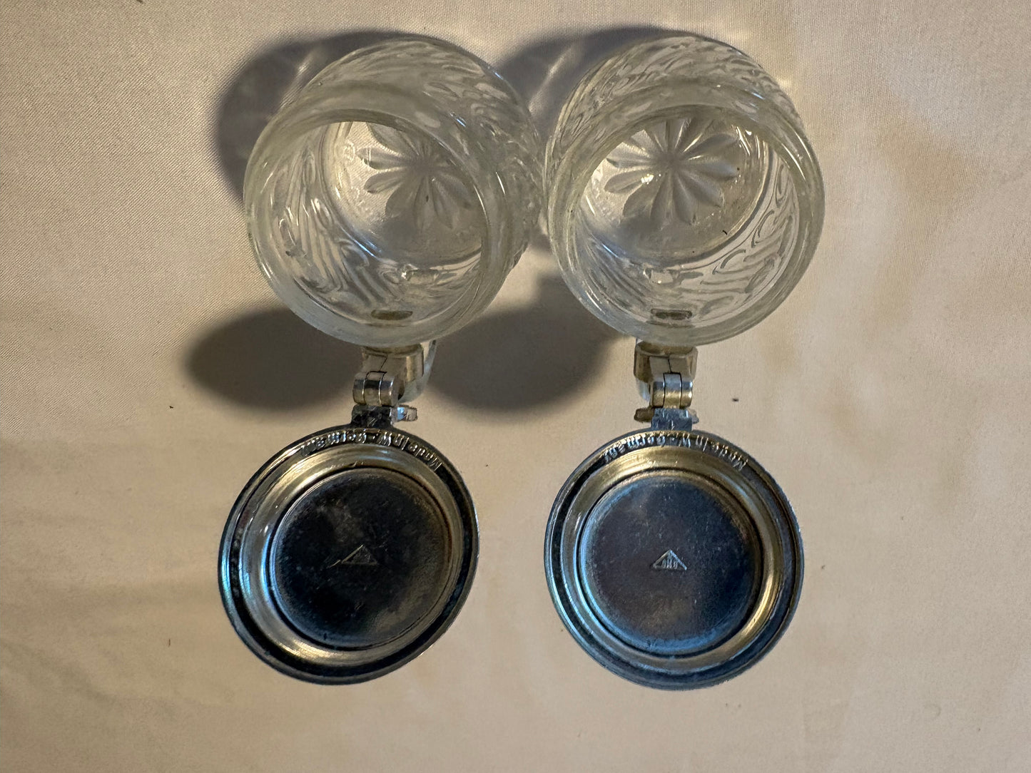 Vintage German Beer Steins Set of 2 Lidded Glass Mugs Etched w/ Pewter Tops