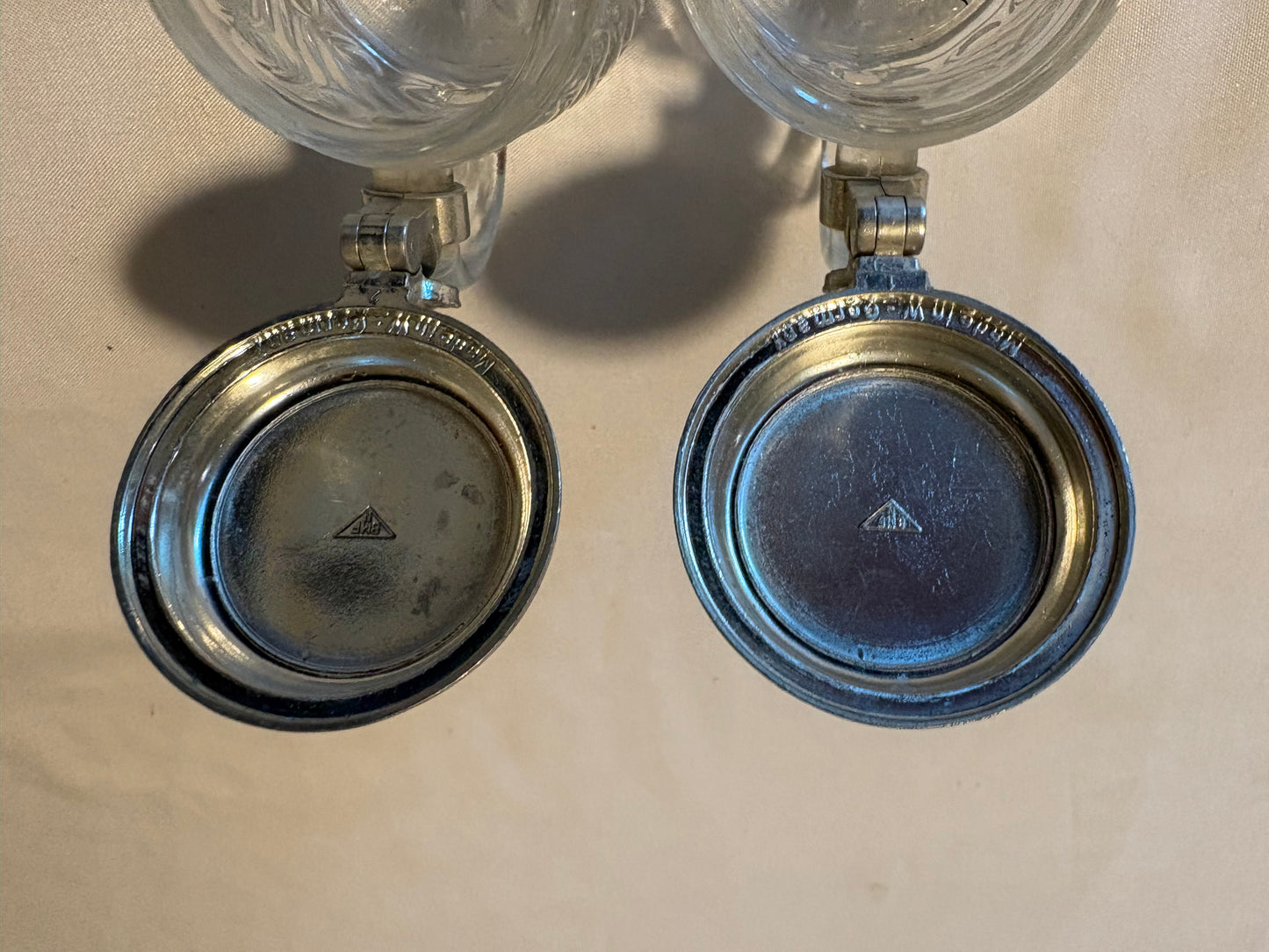 Vintage German Beer Steins Set of 2 Lidded Glass Mugs Etched w/ Pewter Tops