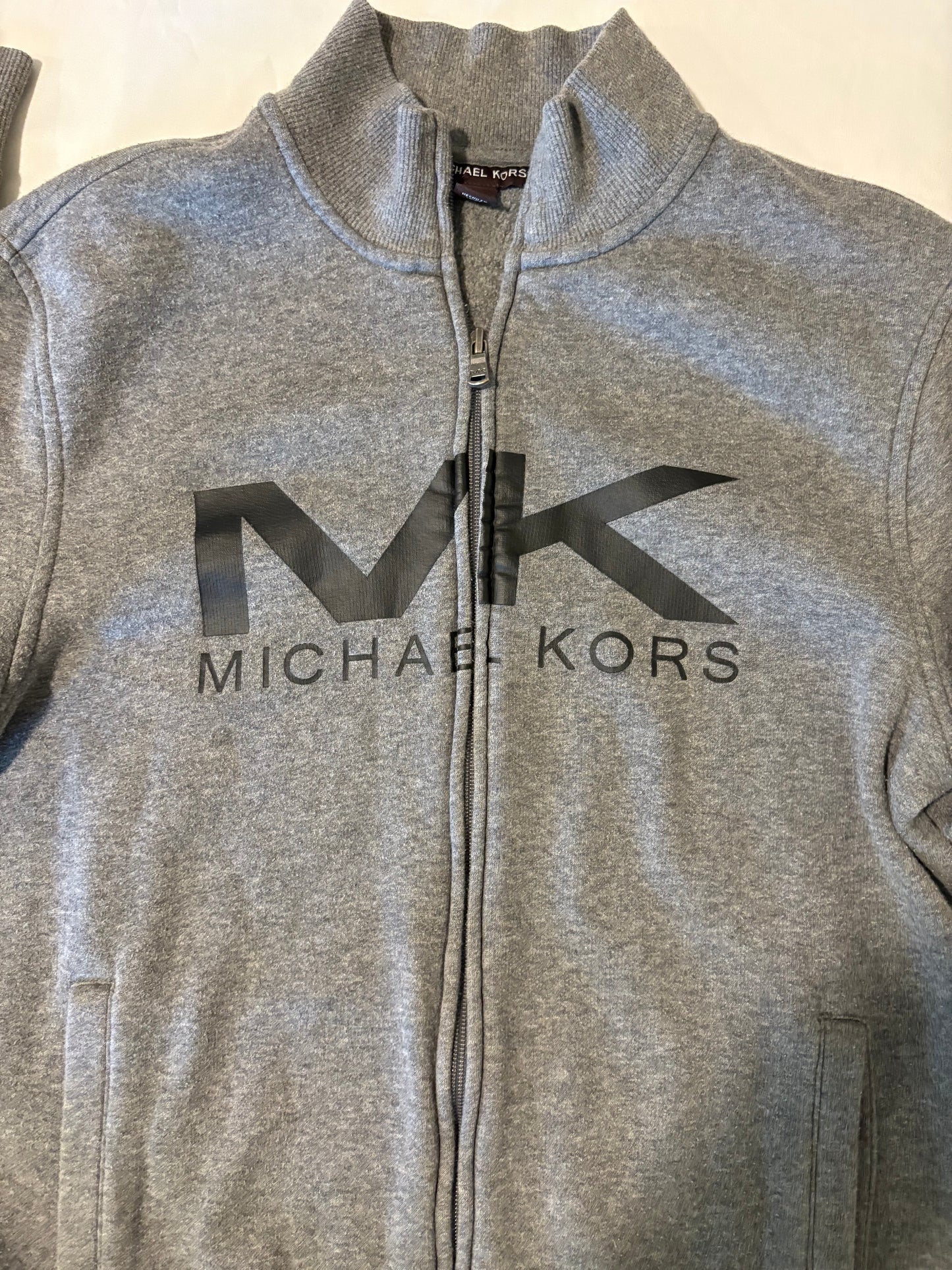 Michael Kors Full Zip Fleece Jacket Men's M Gray Logo Sweatshirt