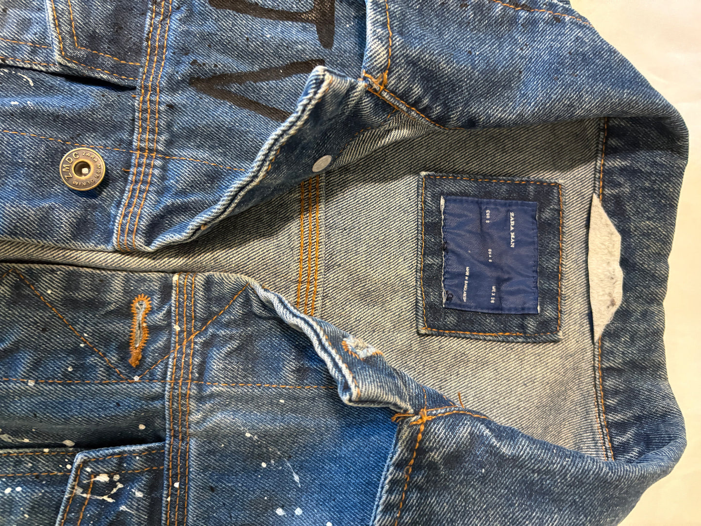 ZARA MAN Paint Splatter Denim Jacket Men's L – Blue Graffiti Streetwear Look