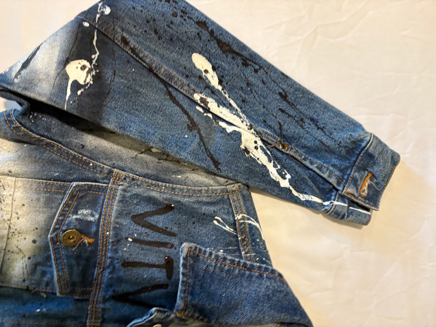 ZARA MAN Paint Splatter Denim Jacket Men's L – Blue Graffiti Streetwear Look