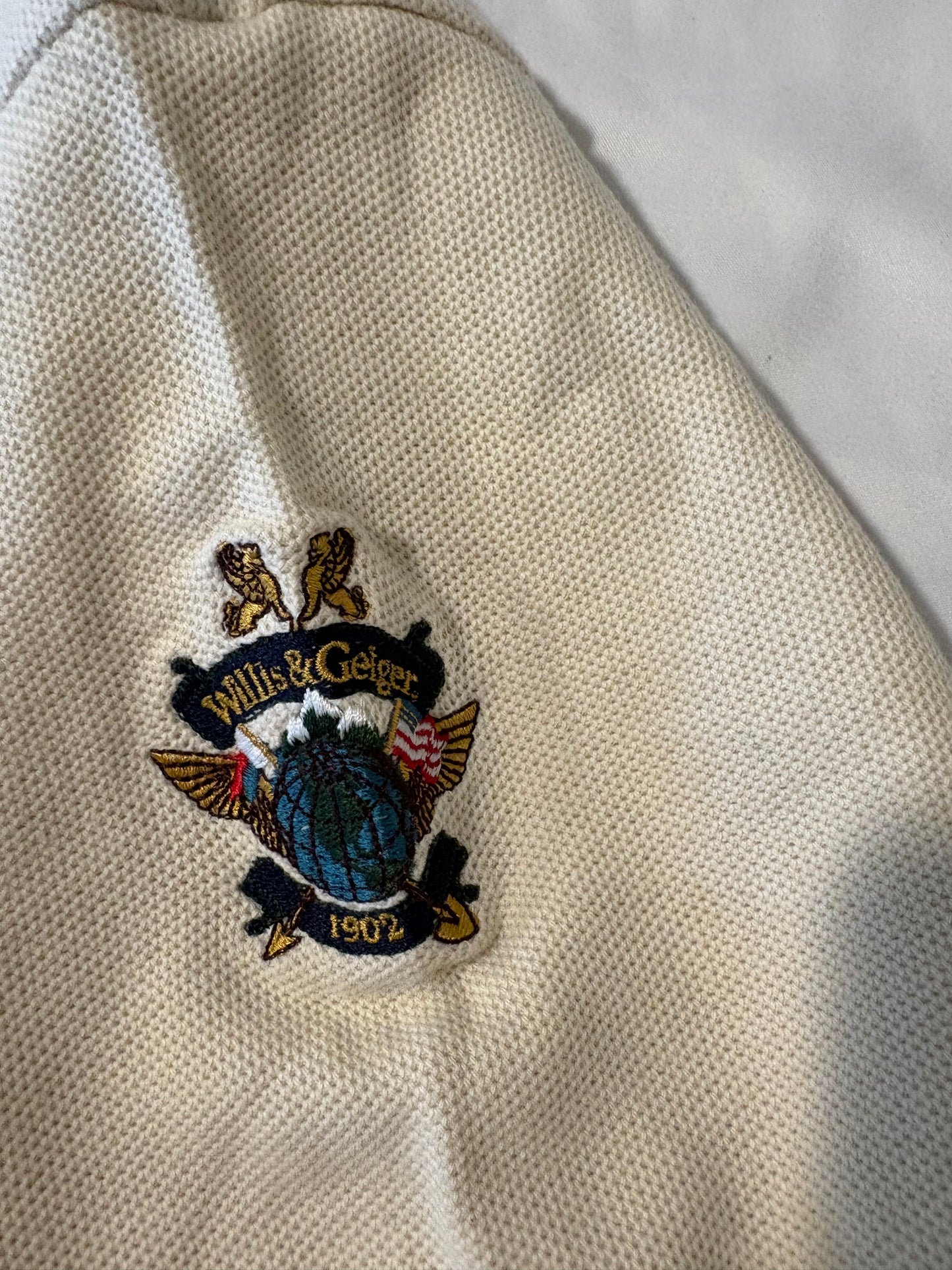 Willis & Geiger Mens M Polo Shirt Cream Embroidered Crest 100% Cotton Hong Kong