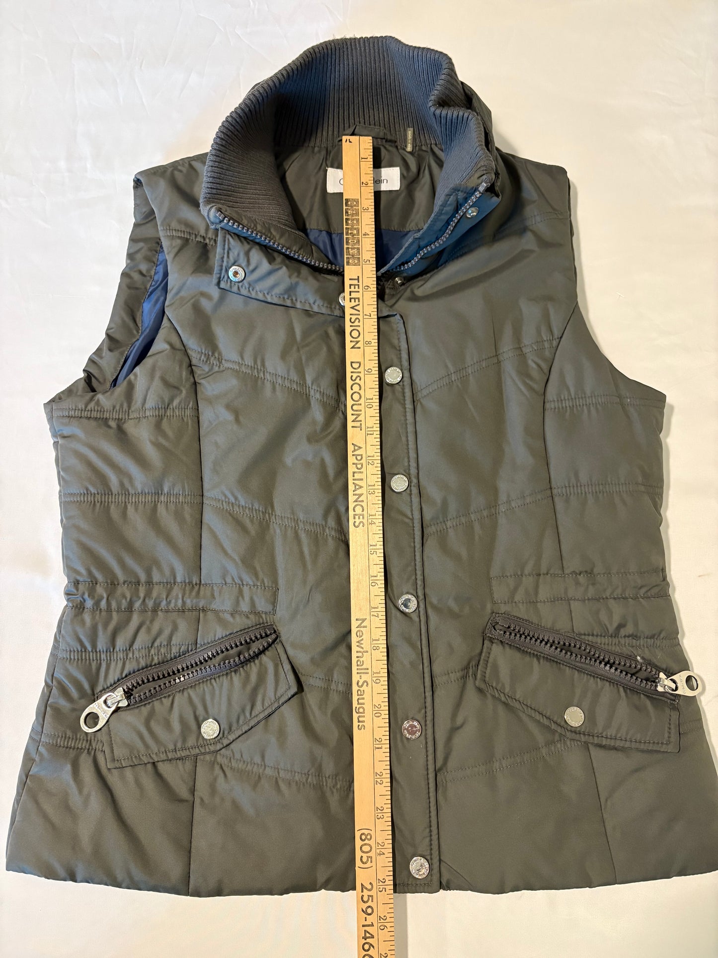 Calvin Klein Gray Puffer Vest Women’s Large Zip Front Rib Collar Lined CK