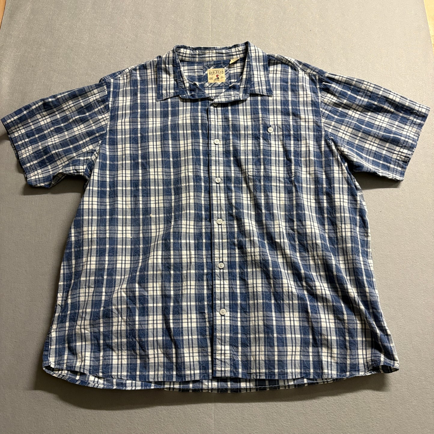 Red Head Plaid Button Up Shirt Mens 3XL Blue Short Sleeve Casual Cotton 48W
