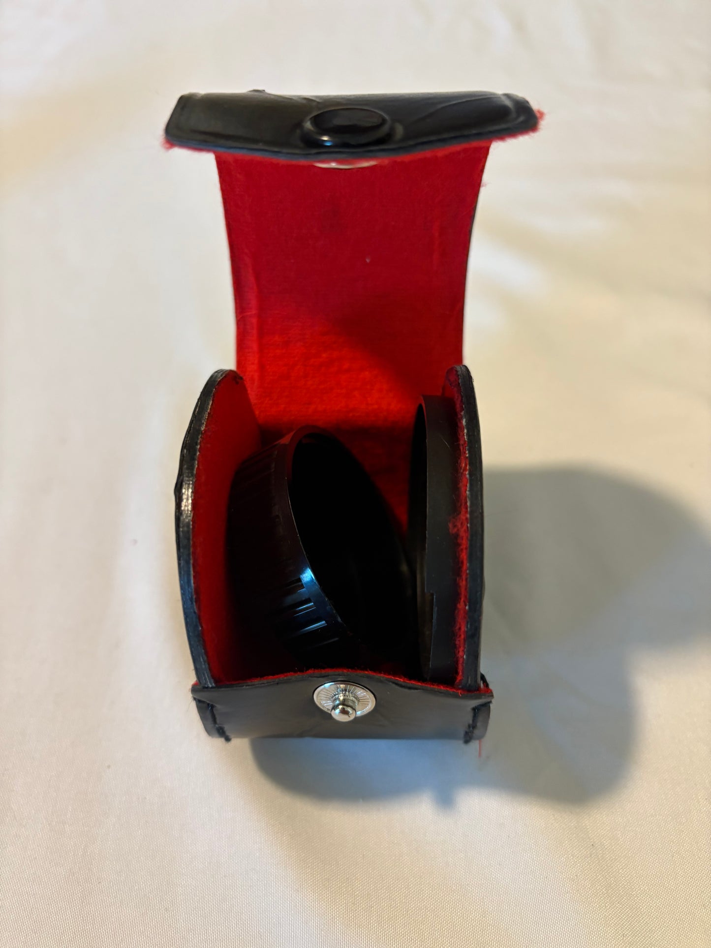 Vintage Camera Lens Cap Case w/ Red Lining + 2 Black Caps – 35mm Film Era