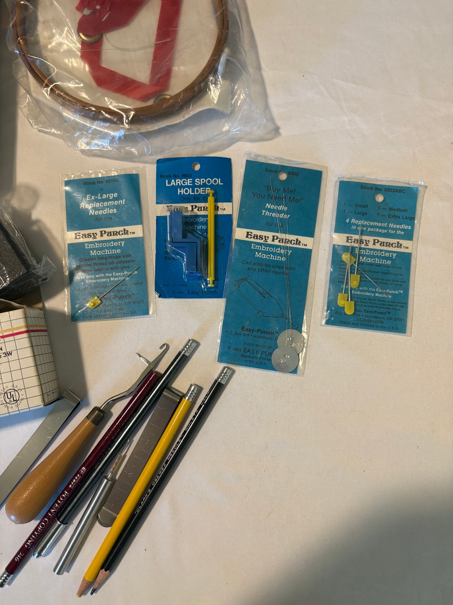 Vintage Needlepoint Lot w/ Easy Punch Embroidery Machine Hoops Tools Thread