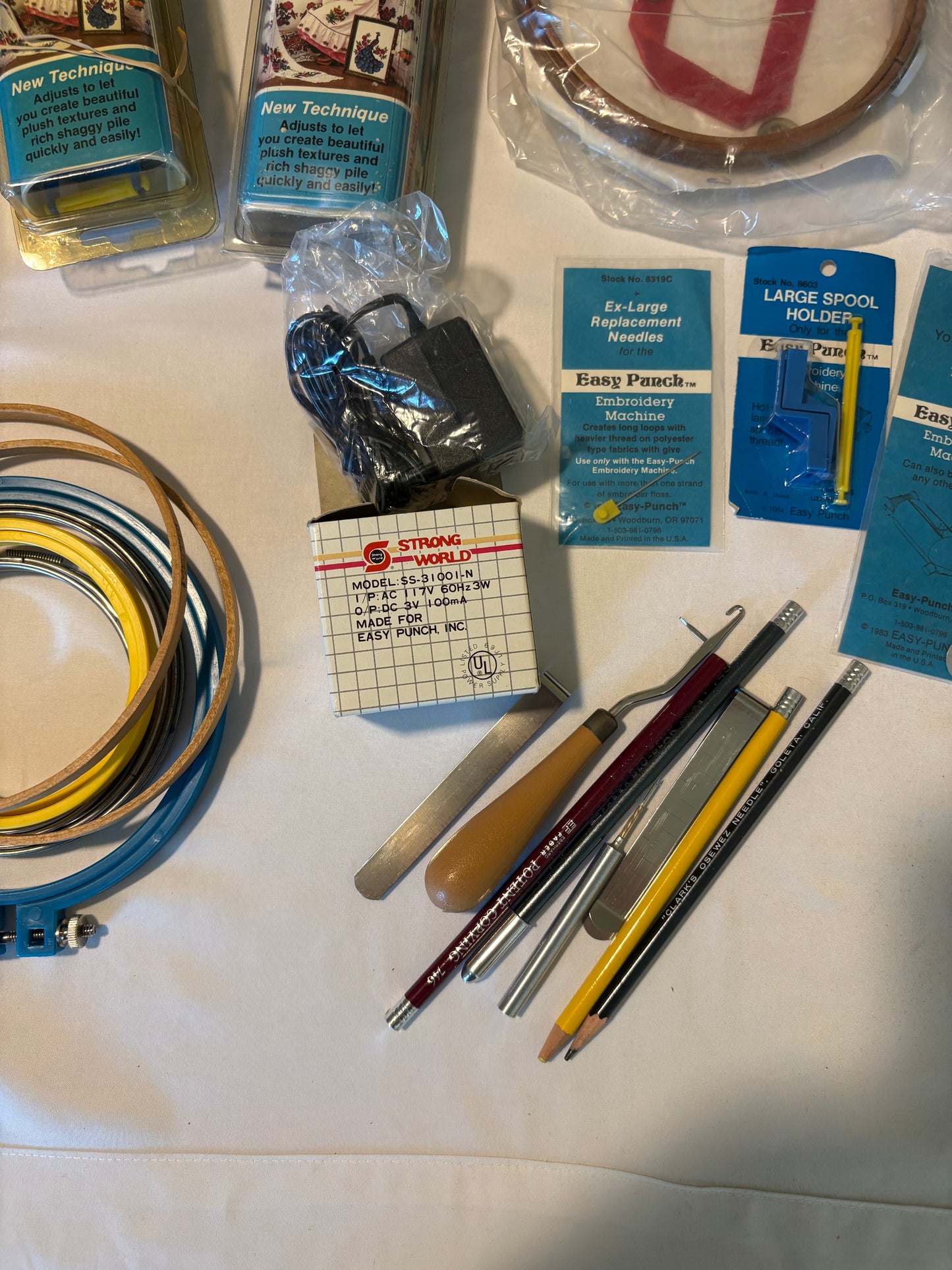 Vintage Needlepoint Lot w/ Easy Punch Embroidery Machine Hoops Tools Thread