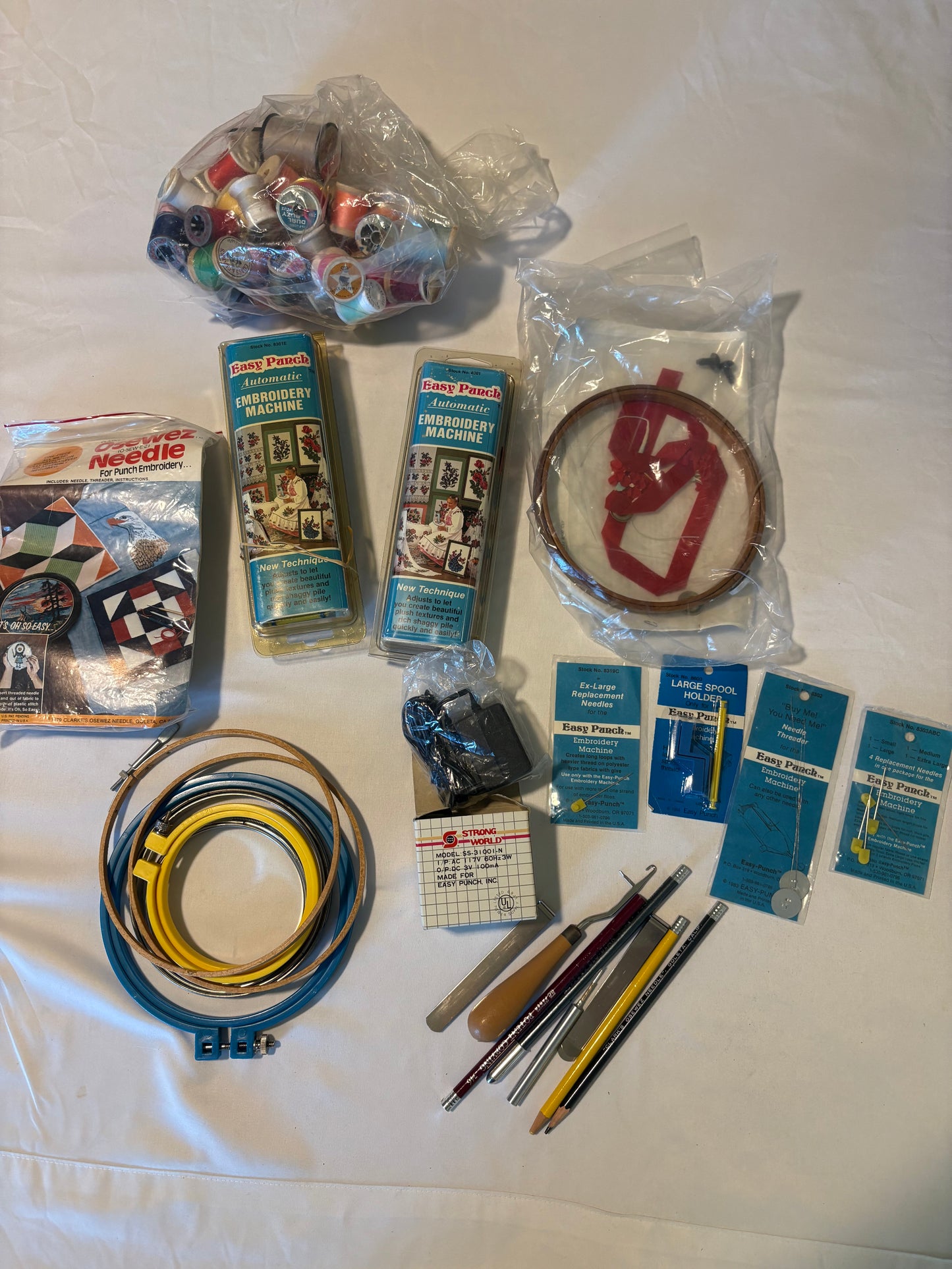 Vintage Needlepoint Lot w/ Easy Punch Embroidery Machine Hoops Tools Thread