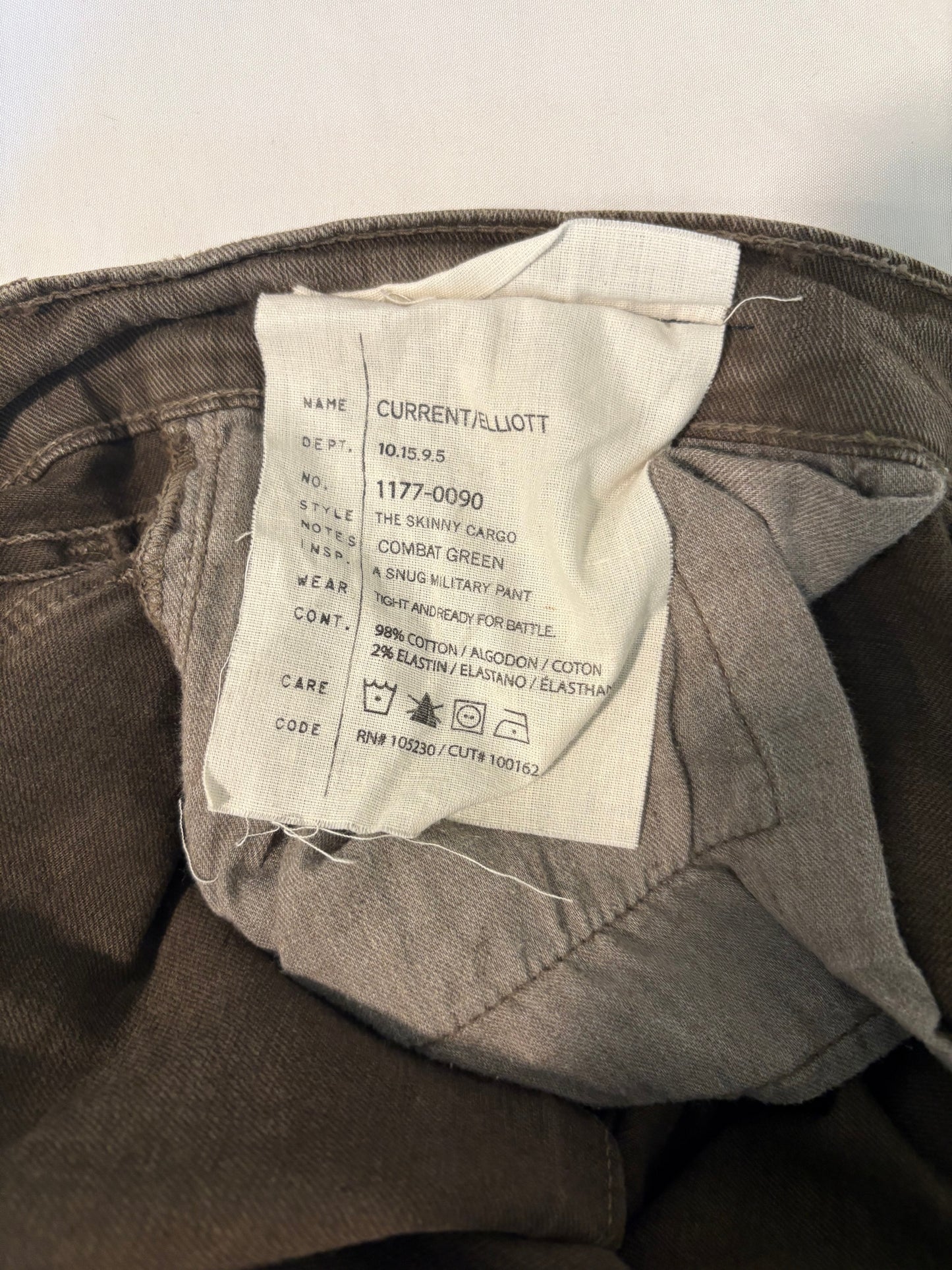 Current/Elliott Skinny Cargo Pants Size 25 Combat Green Utility Made USA