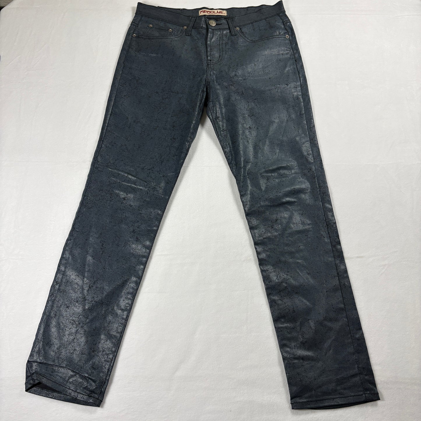 Neo Blue Coated Jeans Mens 32 Black Slim Straight Streetwear Grunge Y2K Moto