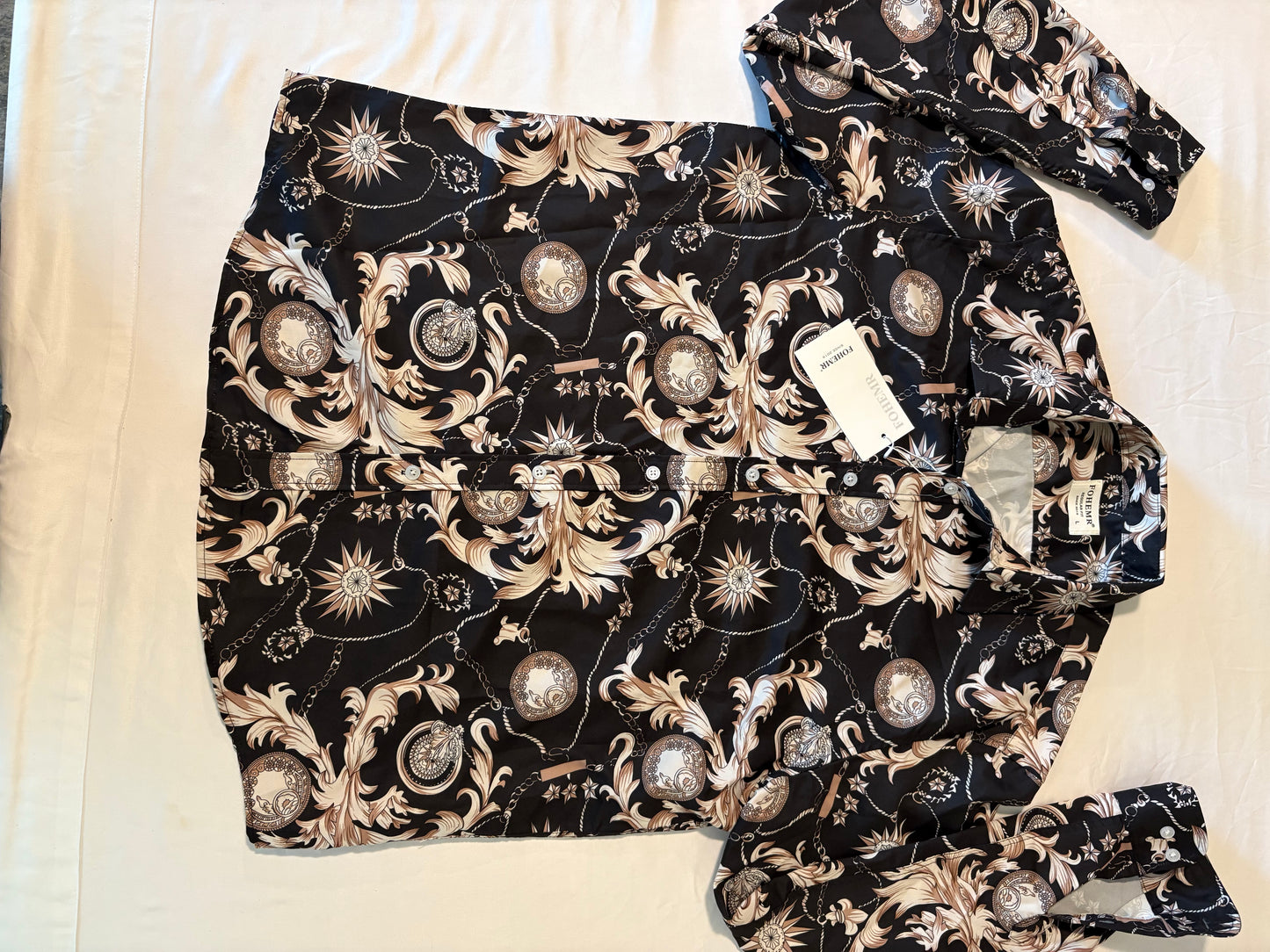 FOHEMR Mens Shirt L Baroque Chain Print Black Gold Long Sleeve Dressy Top