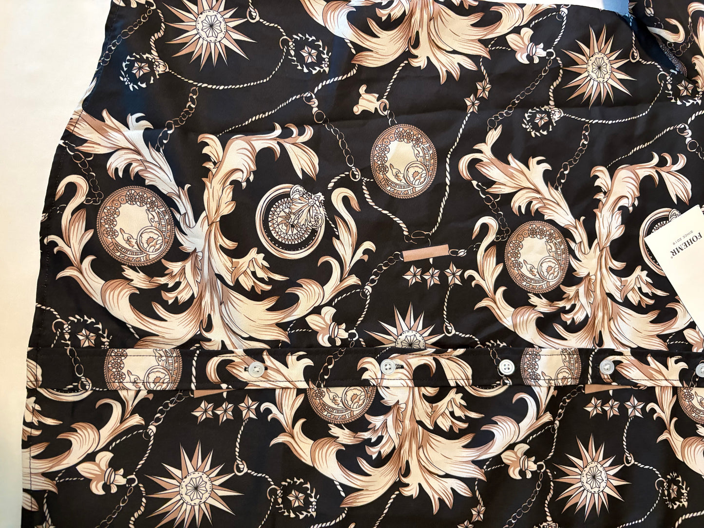 FOHEMR Mens Shirt L Baroque Chain Print Black Gold Long Sleeve Dressy Top