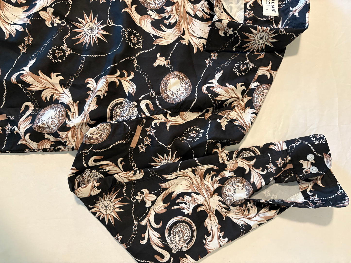 FOHEMR Mens Shirt L Baroque Chain Print Black Gold Long Sleeve Dressy Top