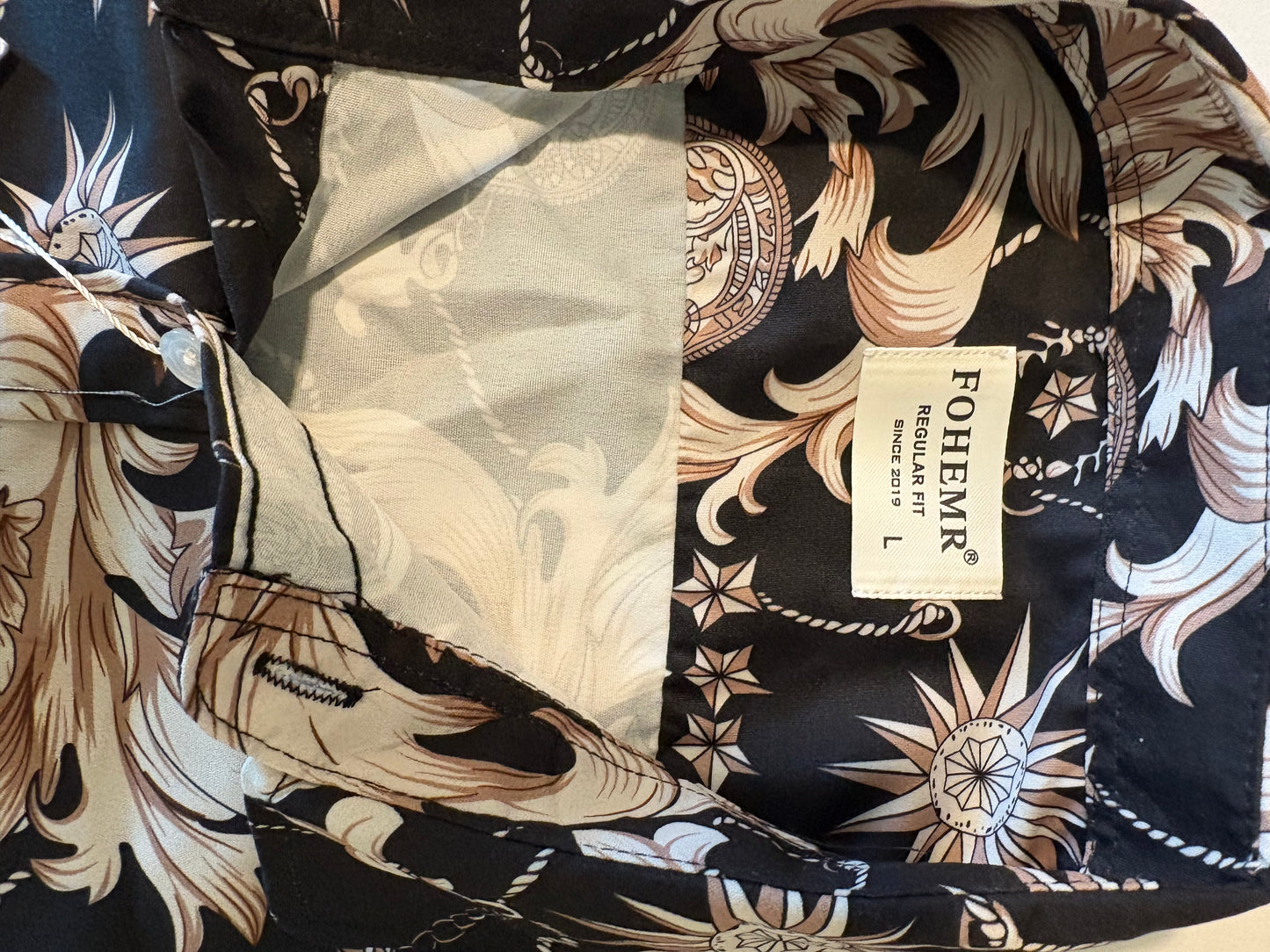 FOHEMR Mens Shirt L Baroque Chain Print Black Gold Long Sleeve Dressy Top