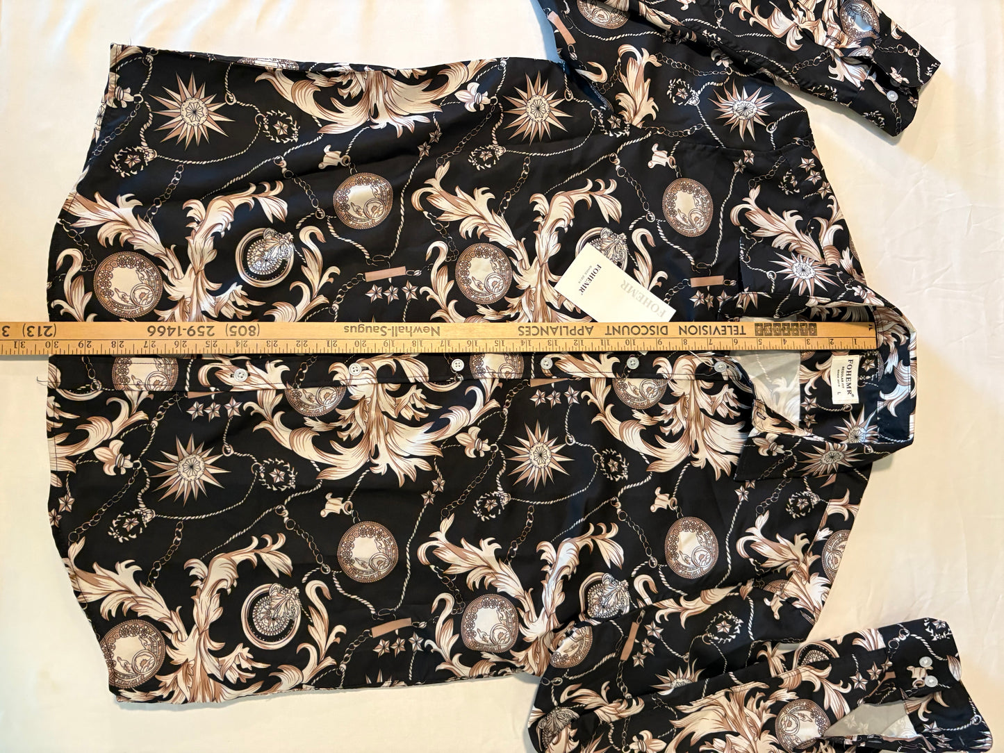 FOHEMR Mens Shirt L Baroque Chain Print Black Gold Long Sleeve Dressy Top