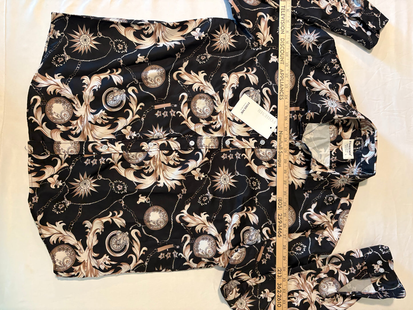 FOHEMR Mens Shirt L Baroque Chain Print Black Gold Long Sleeve Dressy Top